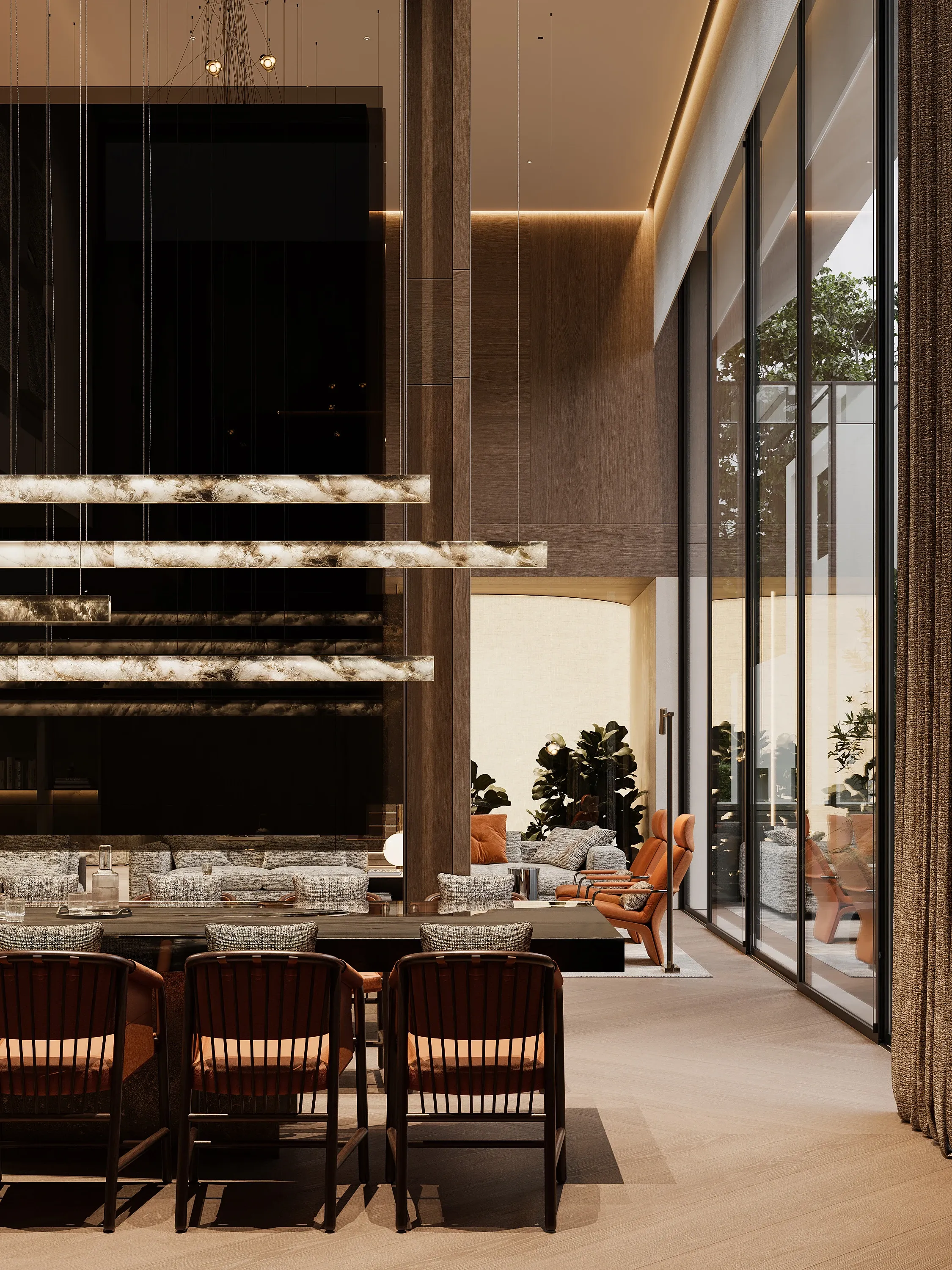 Dining area with marble pendant lights and glass wall at dusk, The Grand Atrium Mansion, Poland
