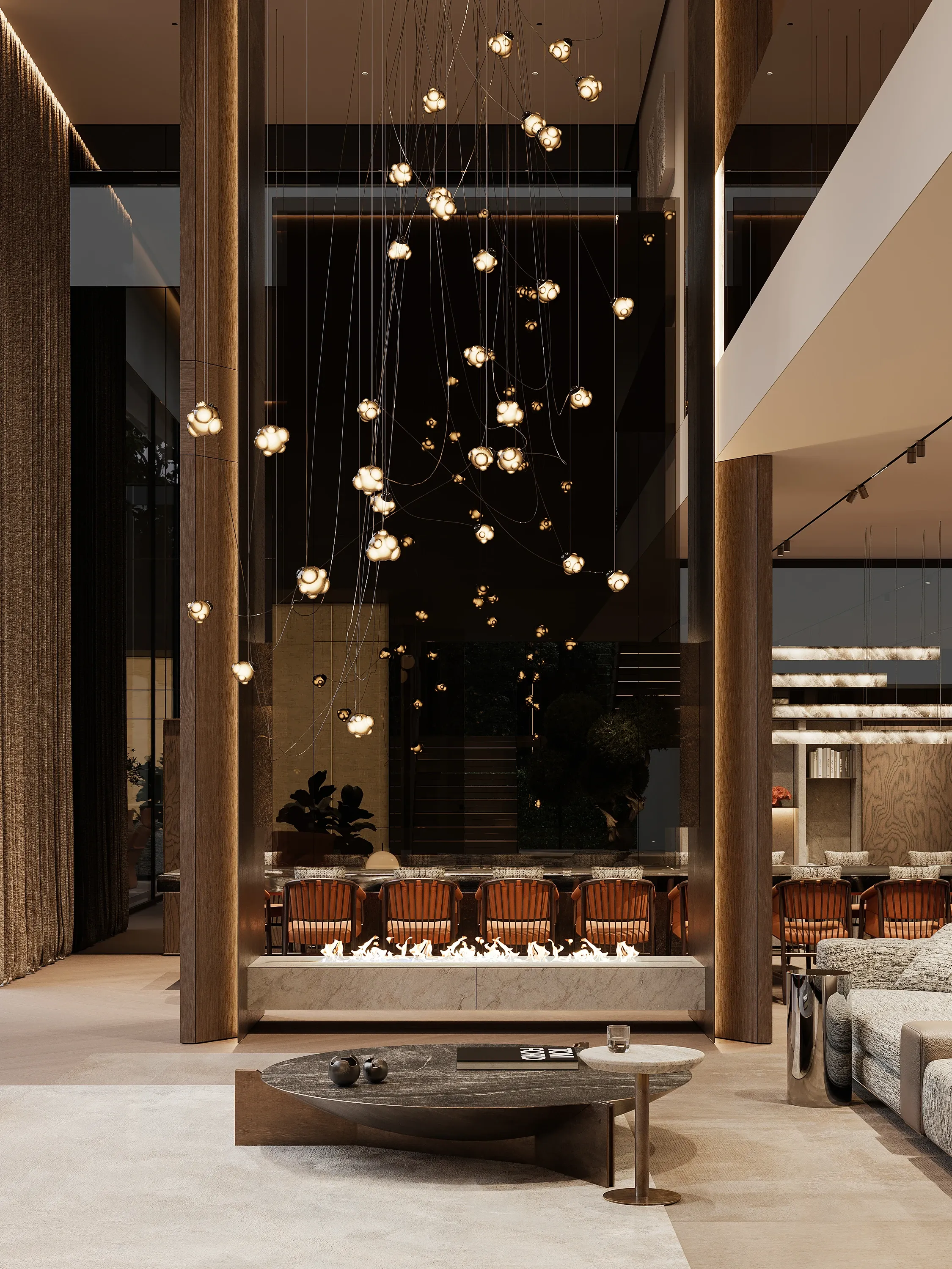 Atrium with cascading pendant lights, stone fireplace and sculptural coffee table, The Grand Atrium Mansion, Poland
