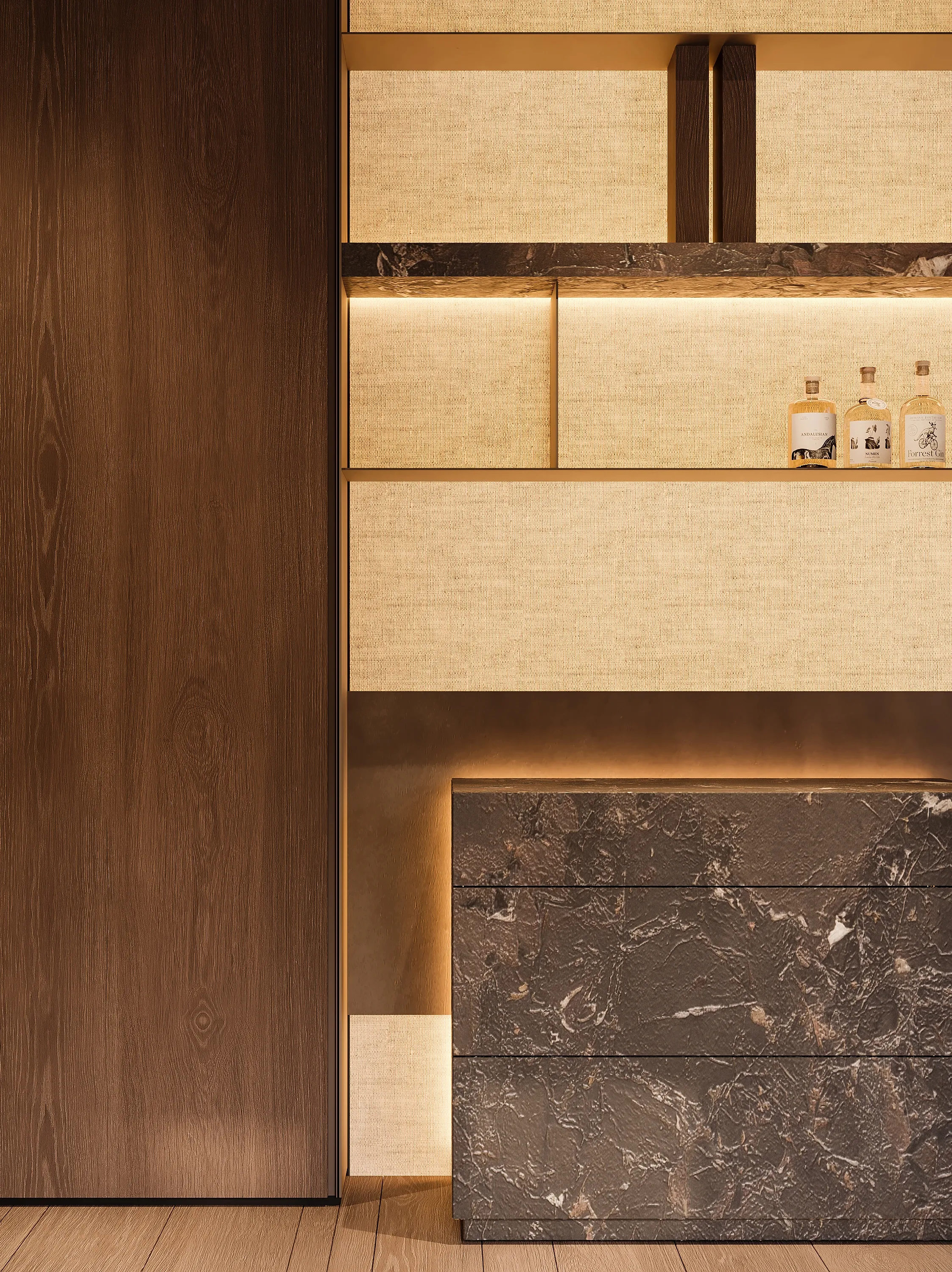 Bar nook with dark marble drawers and linen wall panels, The Secret Court, Poland