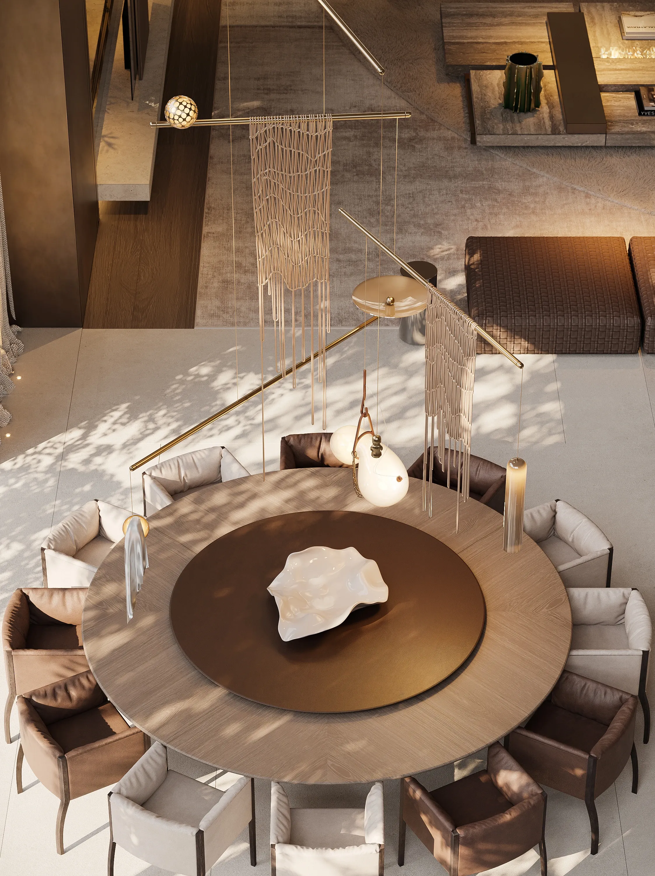 Round dining table with bronze inlay and macrame pendants, The Secret Court, Poland
