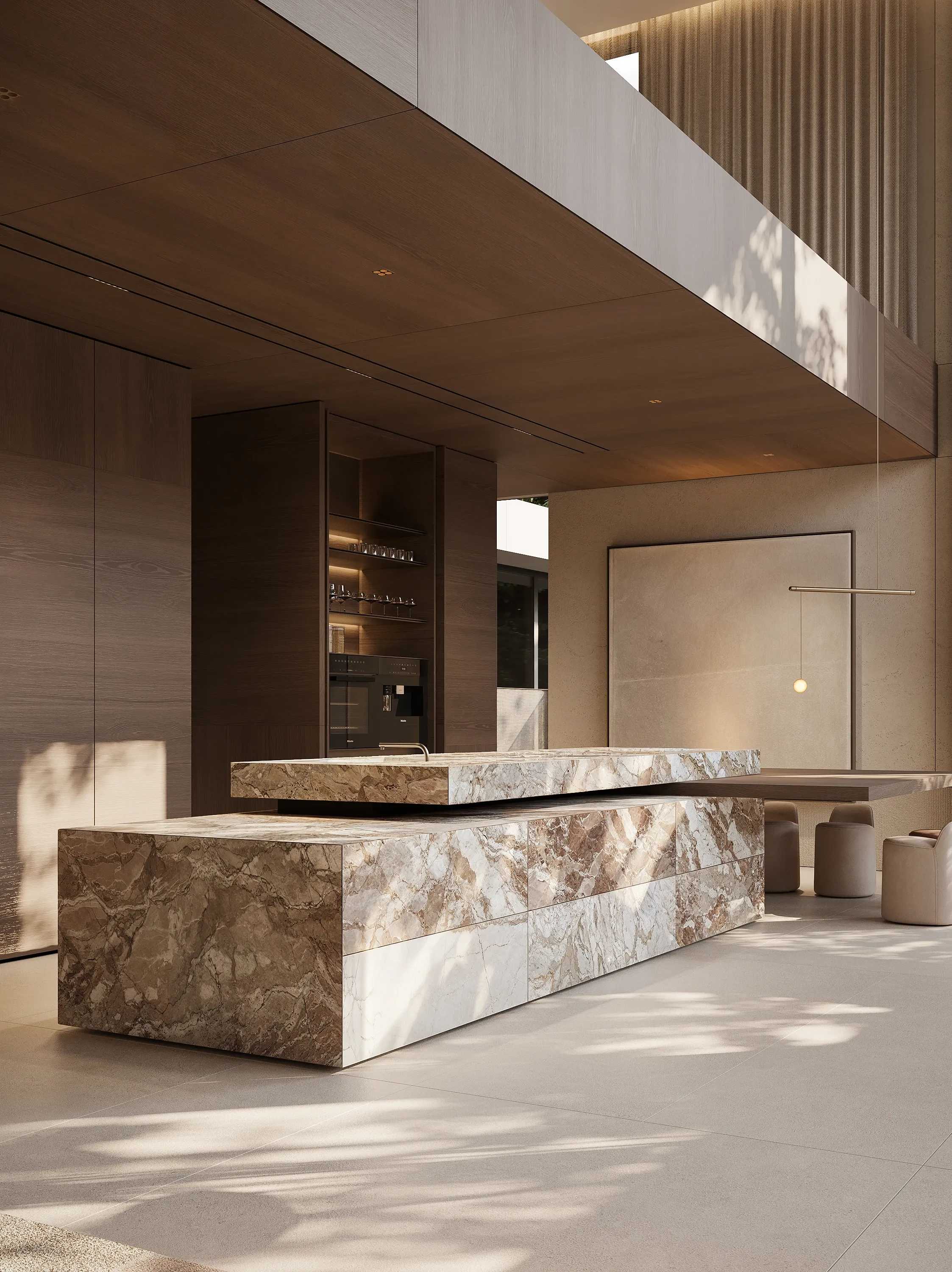 Veined marble kitchen island beneath a floating wood mezzanine, The Secret Court, Poland