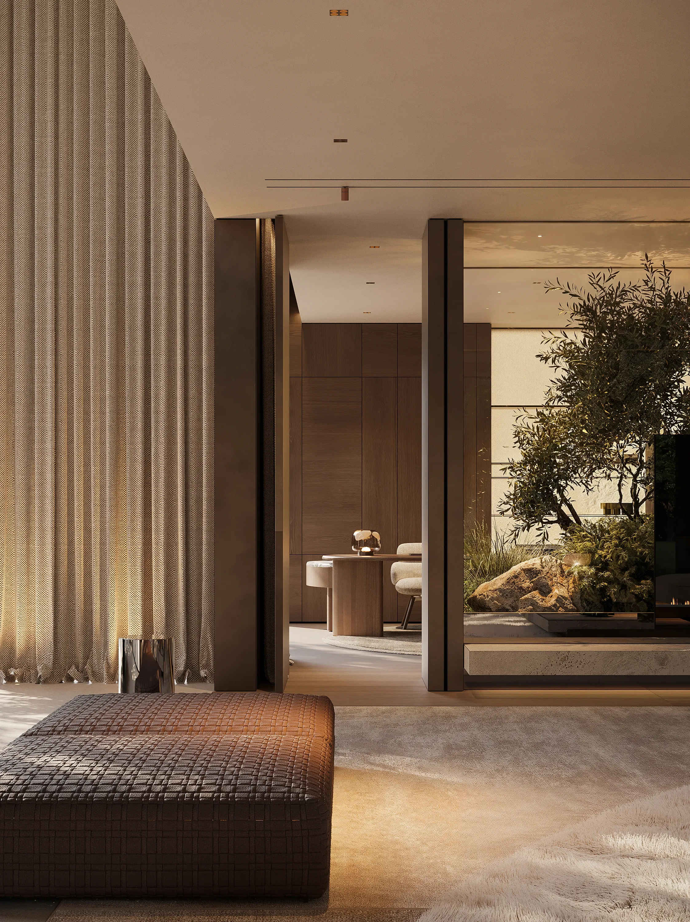 Lounge with fringed curtain wall and garden view, The Secret Court, Poland
