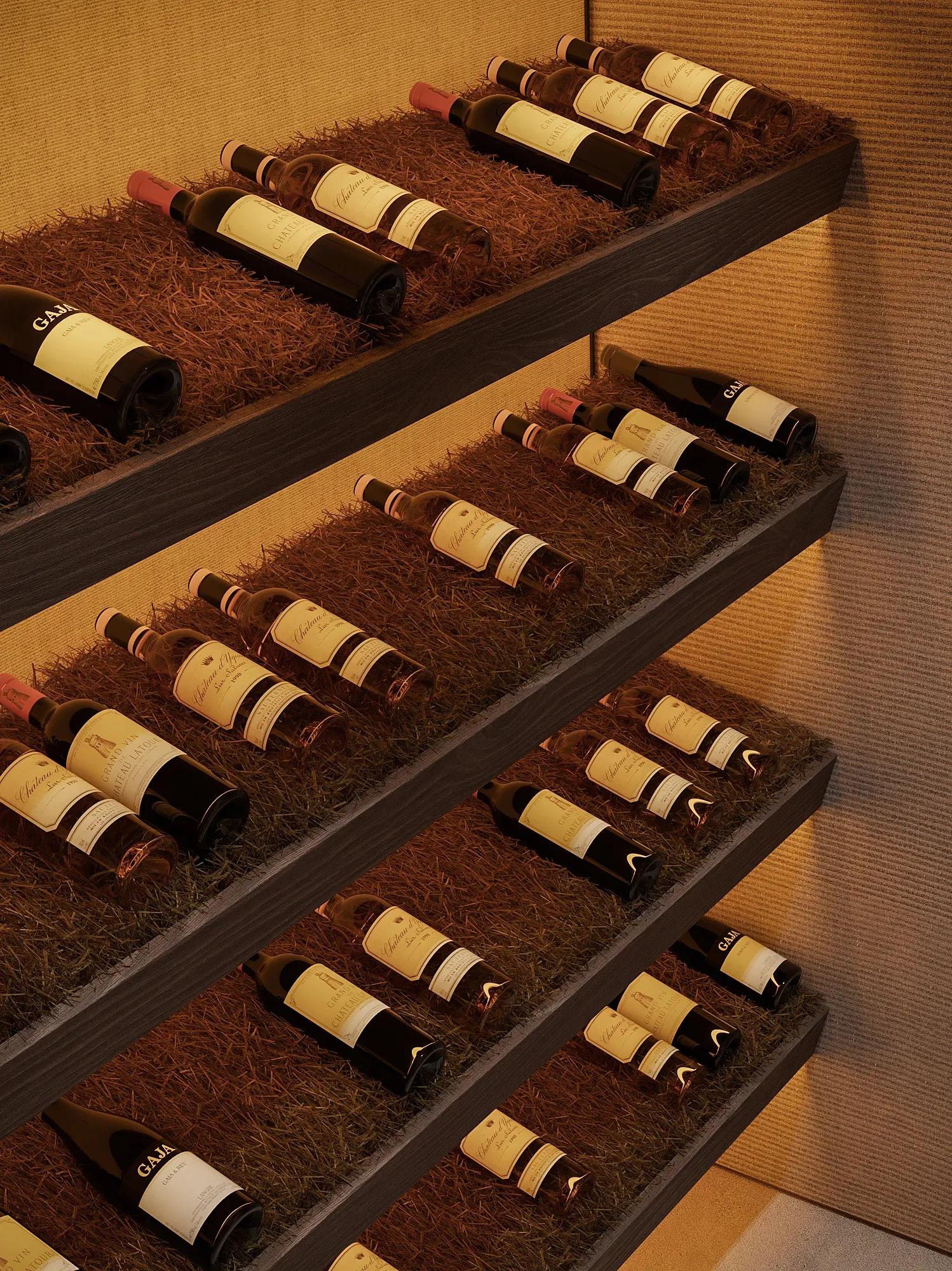 Close-up of wine bottles resting on straw-lined display shelves, The Secret Court, Poland