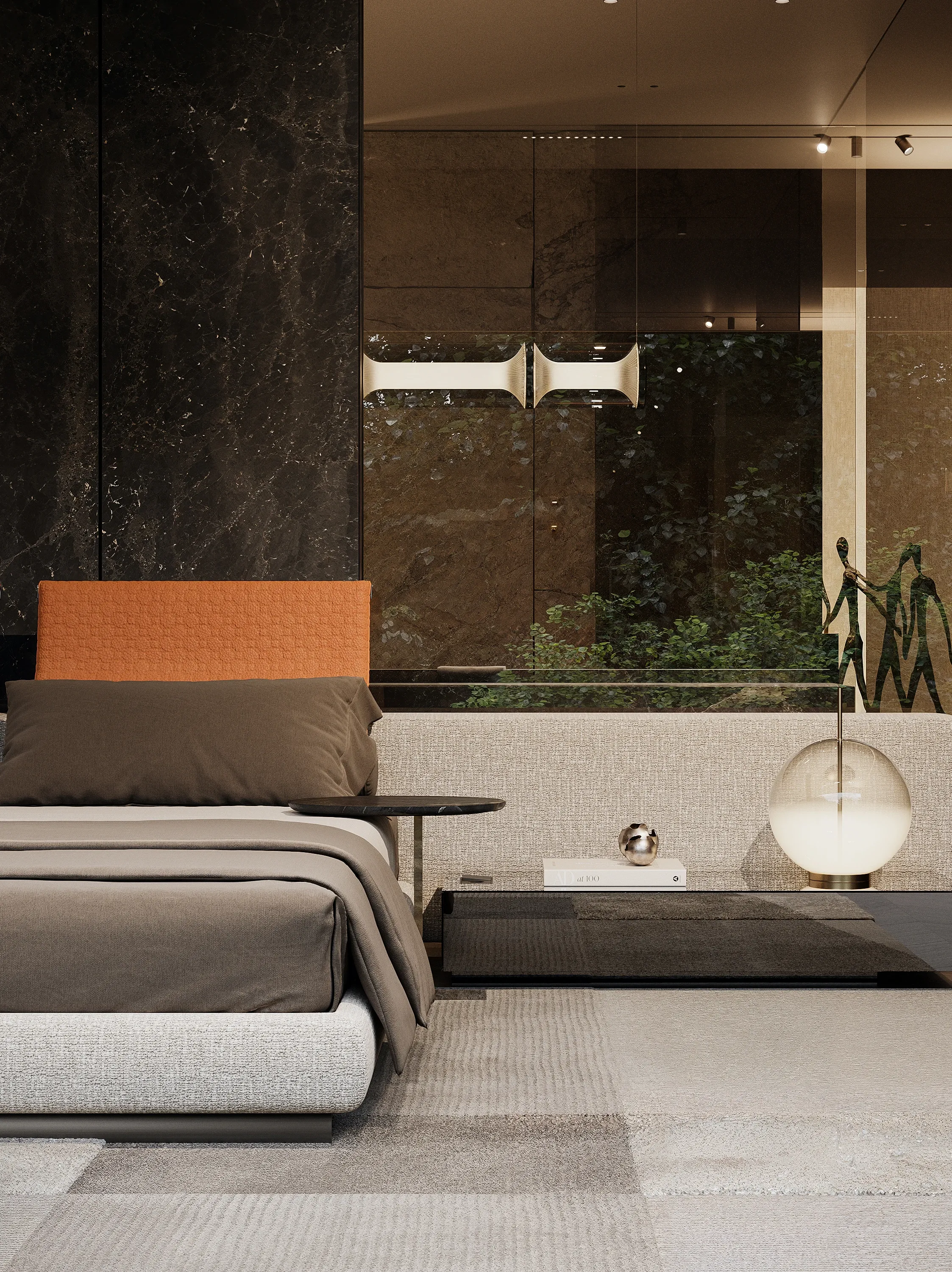 Nighttime bedroom detail with glass balustrade and globe lamp, The Grand Atrium Mansion, Poland