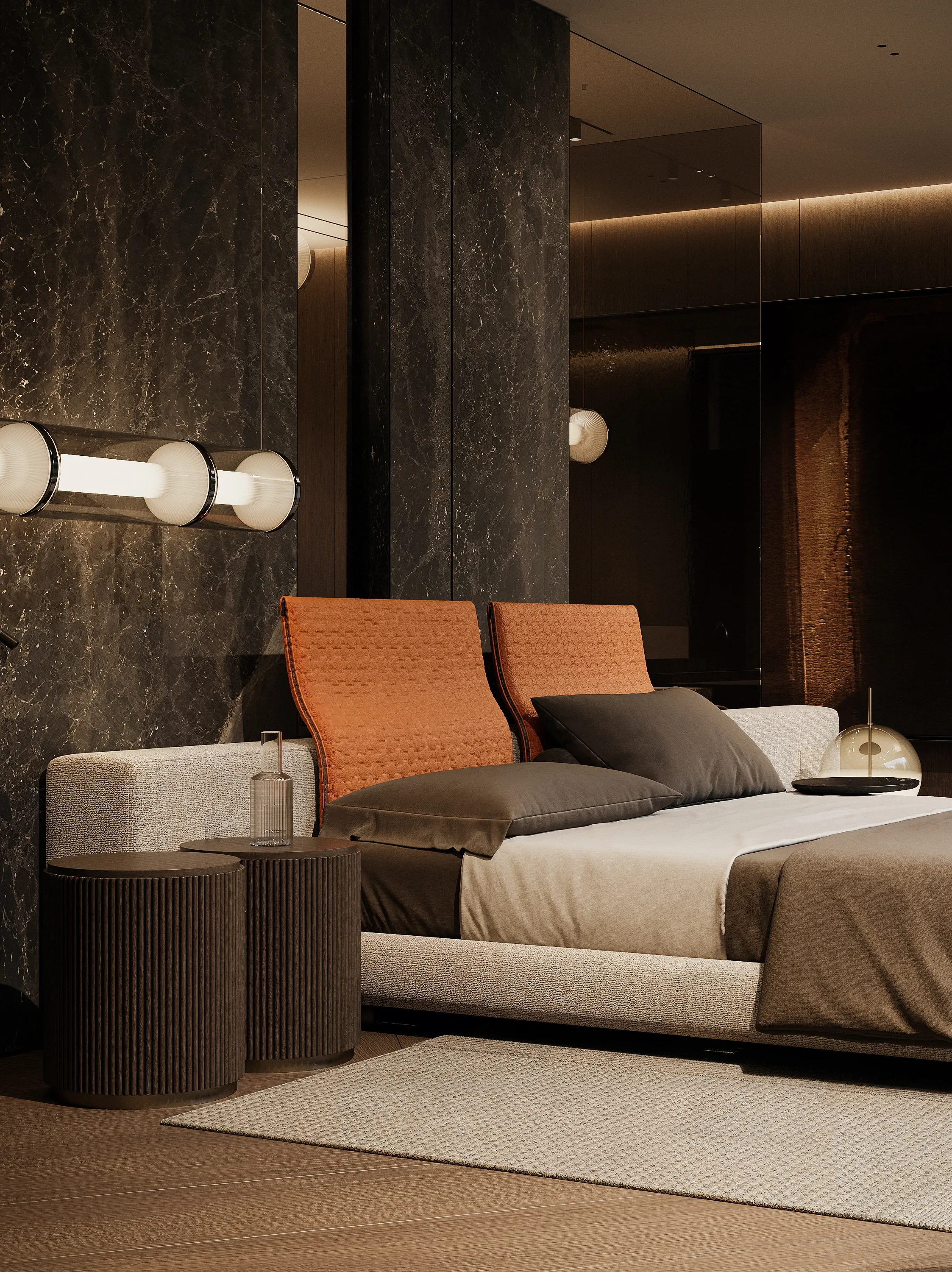 Bedroom detail with dark marble wall and orange upholstered headboard, The Grand Atrium Mansion, Poland
