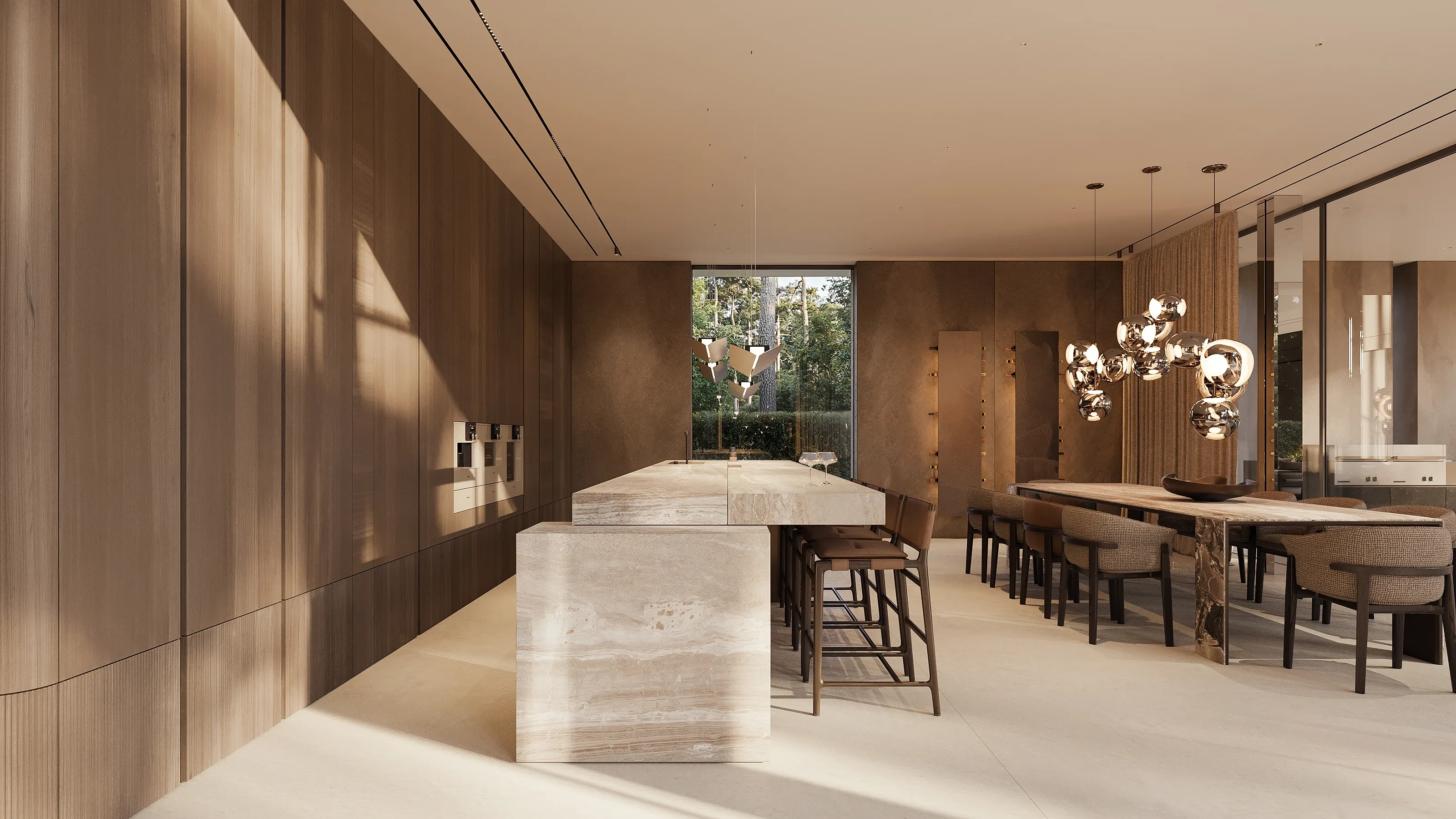 Kitchen and dining area with travertine island and wood paneling, The Evergreen Residence, Warsaw