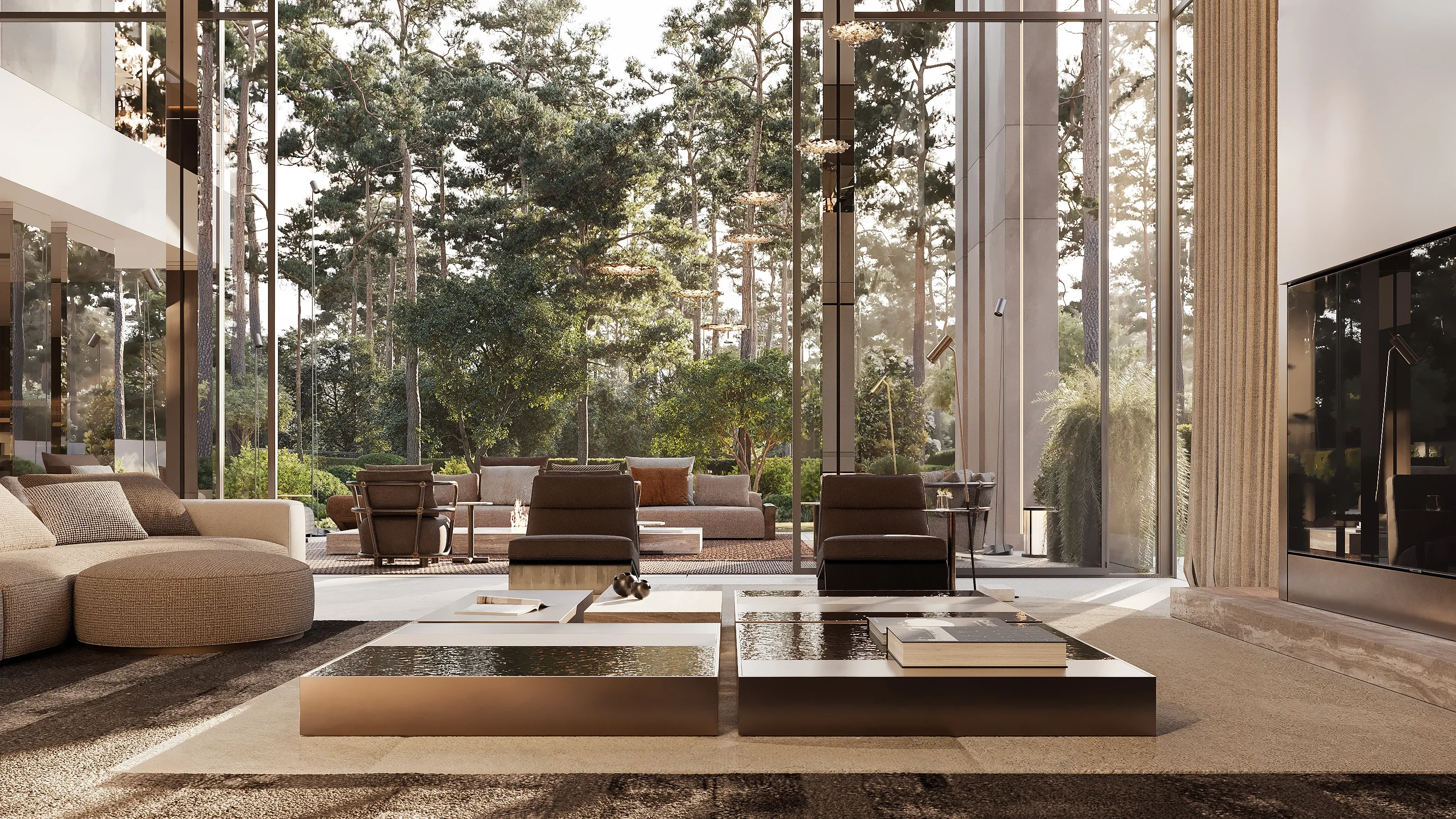 Double-height living room with glazed facade overlooking pine forest, The Evergreen Residence, Warsaw