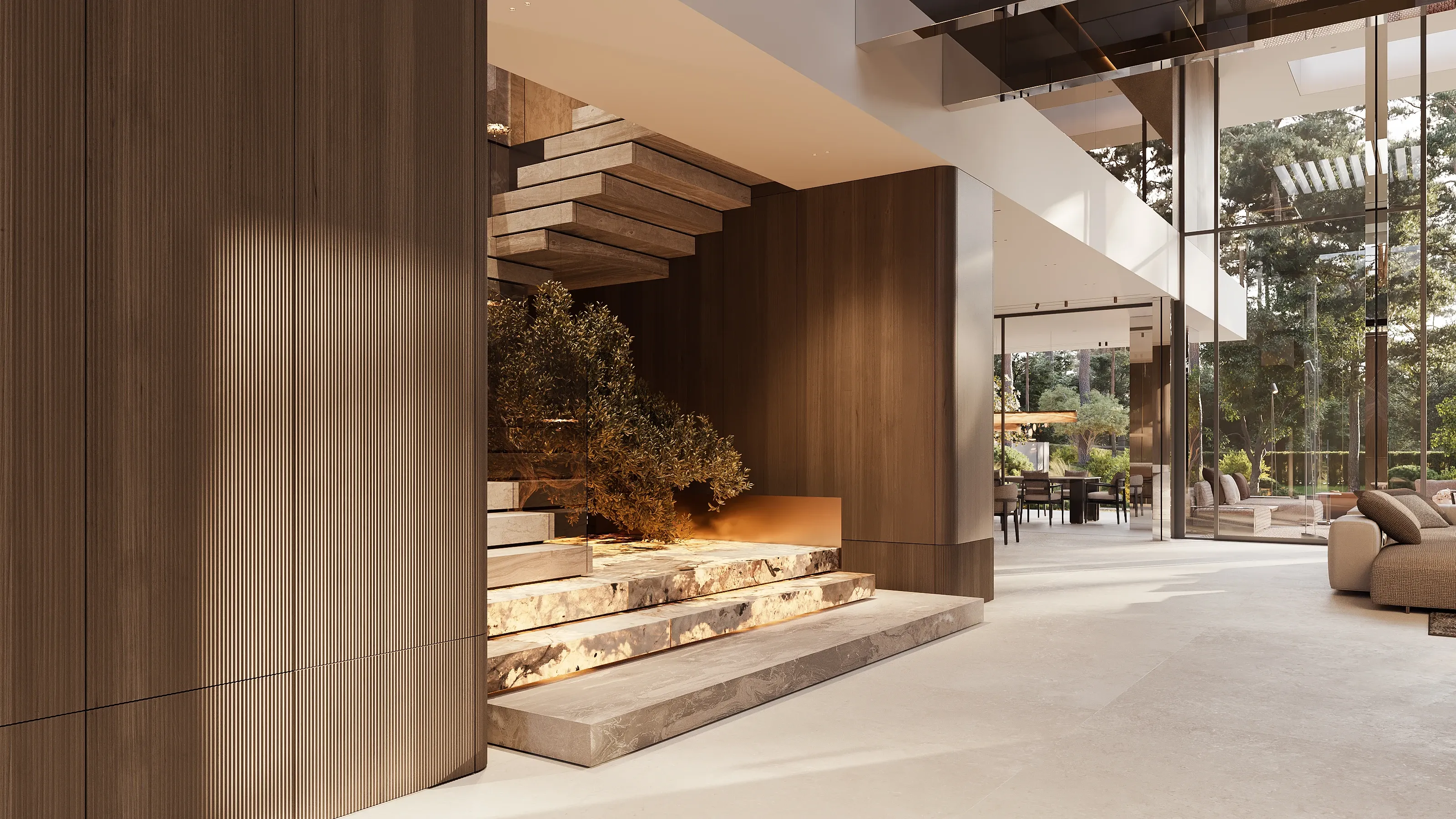 Entry hall with ribbed wood walls and staircase opening to terrace garden, The Evergreen Residence, Warsaw