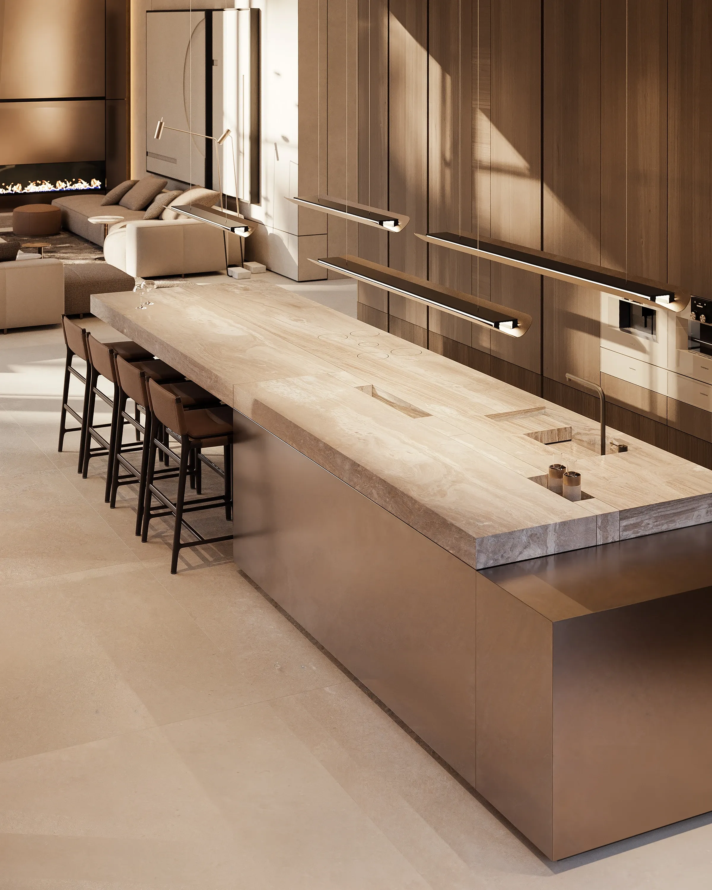 Travertine kitchen island with bronze base and linear wall lighting, The Evergreen Residence, Warsaw