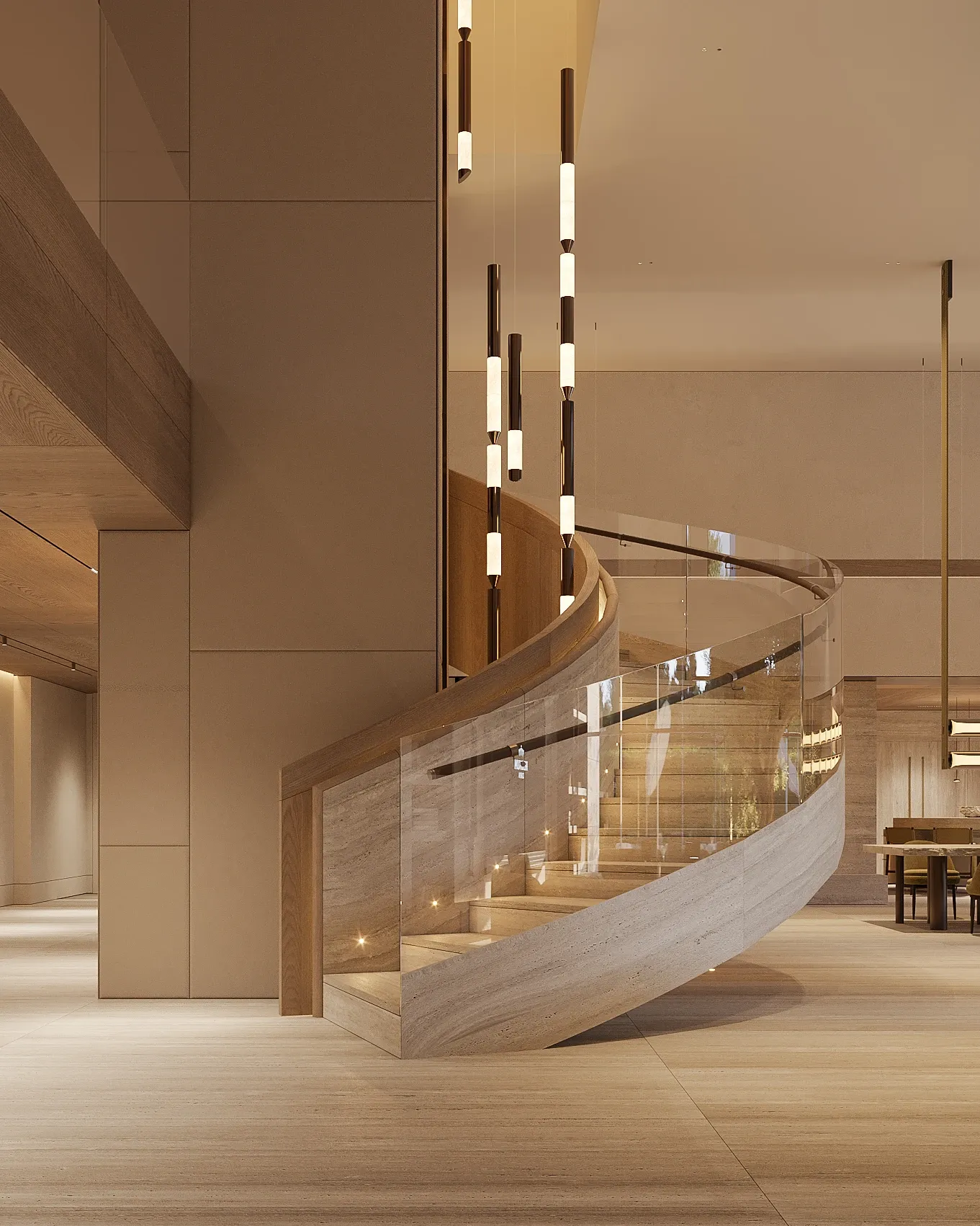 Curved travertine staircase with glass rail and pendant lighting, The Crown Villa, Antalya