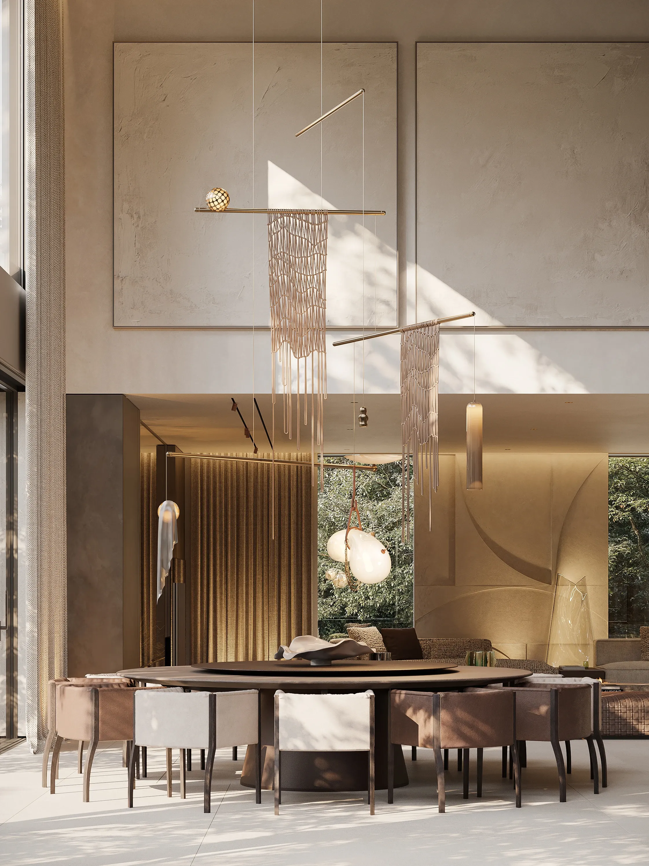 Round dining table with macrame pendants under double-height ceiling, The Secret Court, Poland