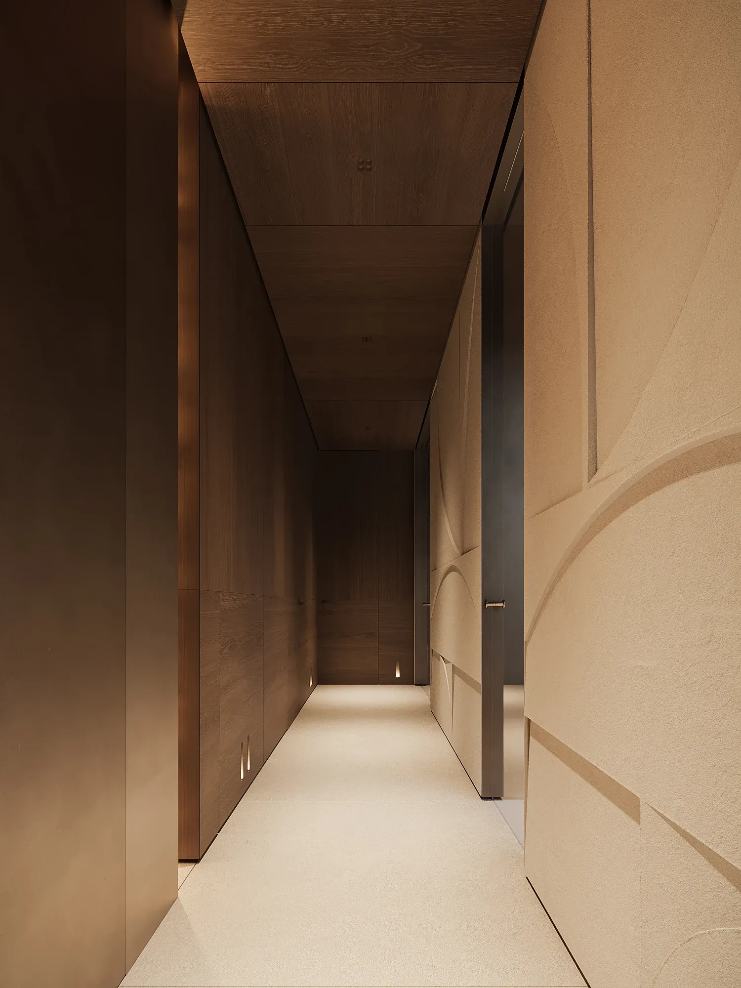 Corridor with dark wood paneling and curved plaster wall, The Secret Court, Poland