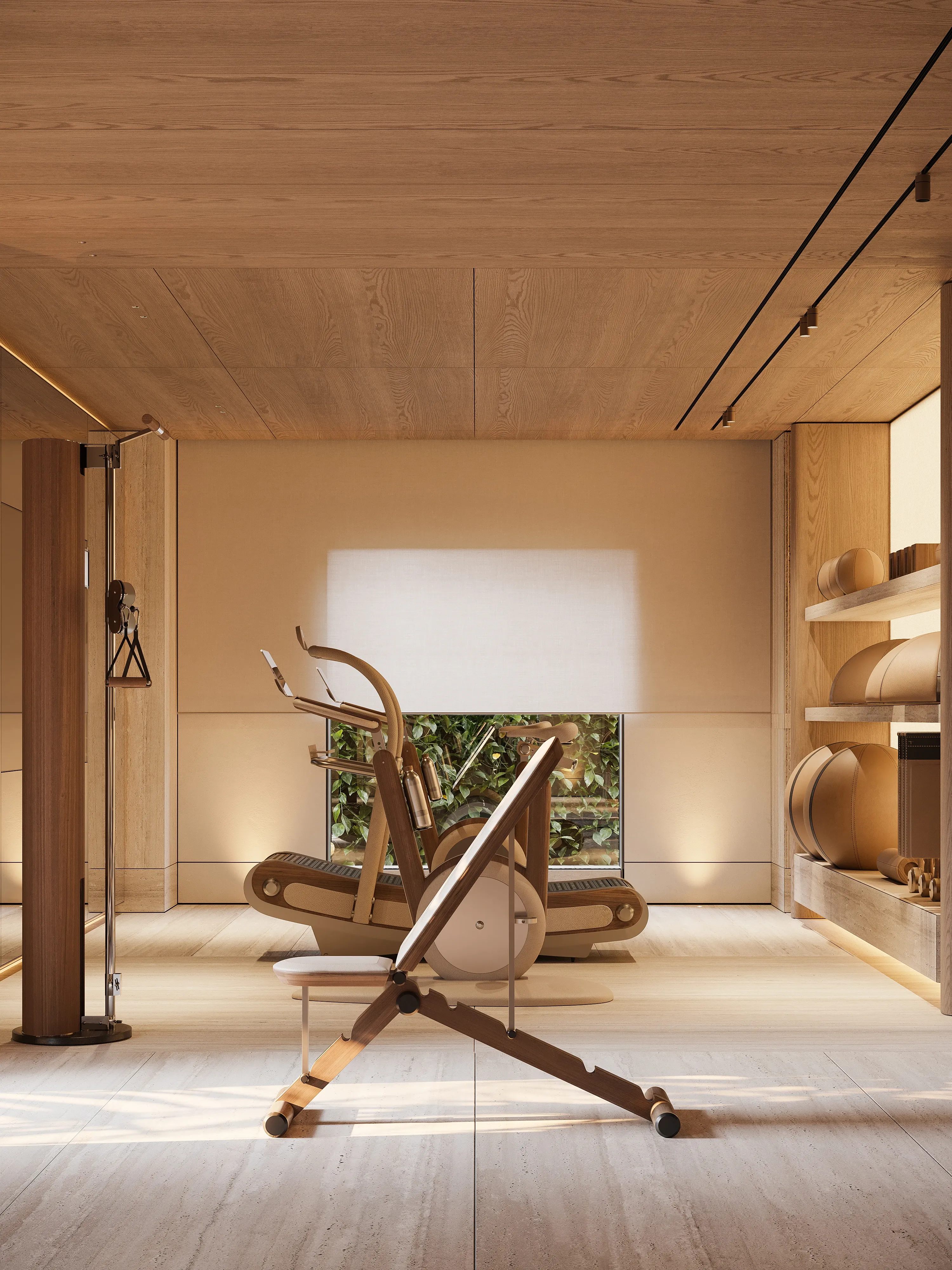 Wood-paneled home gym with wooden equipment and garden view, The Crown Villa Regnum Carya, Antalya