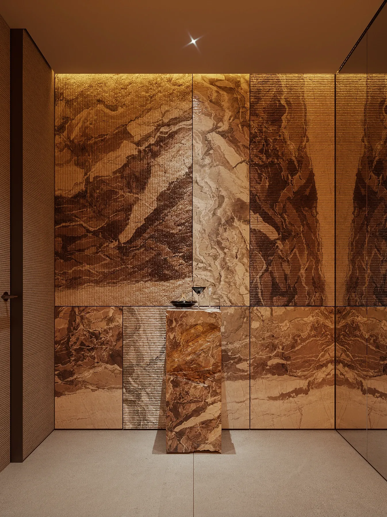 Veined marble wall panels and sculptural stone pedestal in cellar, The Secret Court, Poland