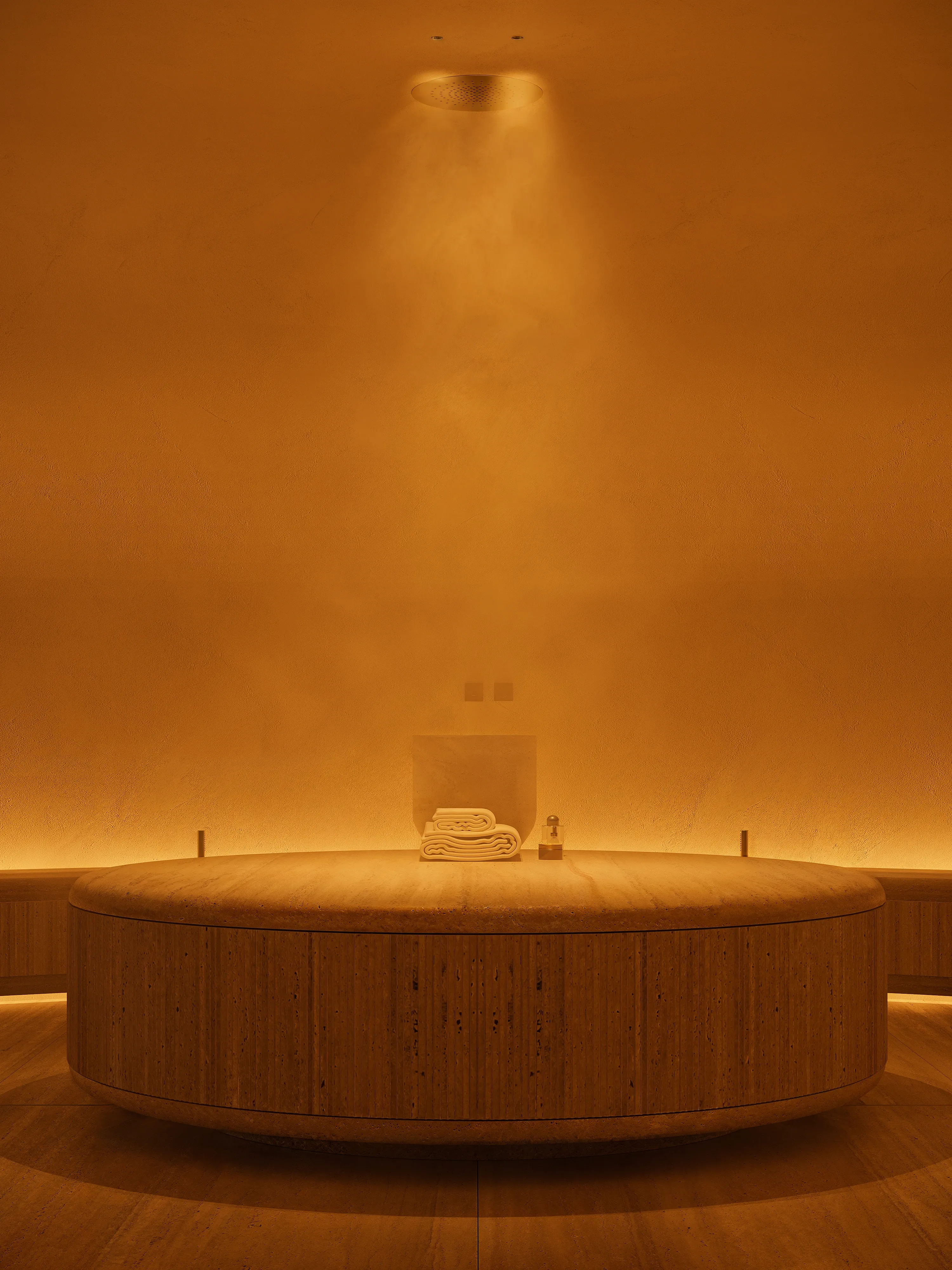 Circular wooden steam bath with rising mist and amber ambient lighting, The Crown Villa Regnum Carya, Antalya