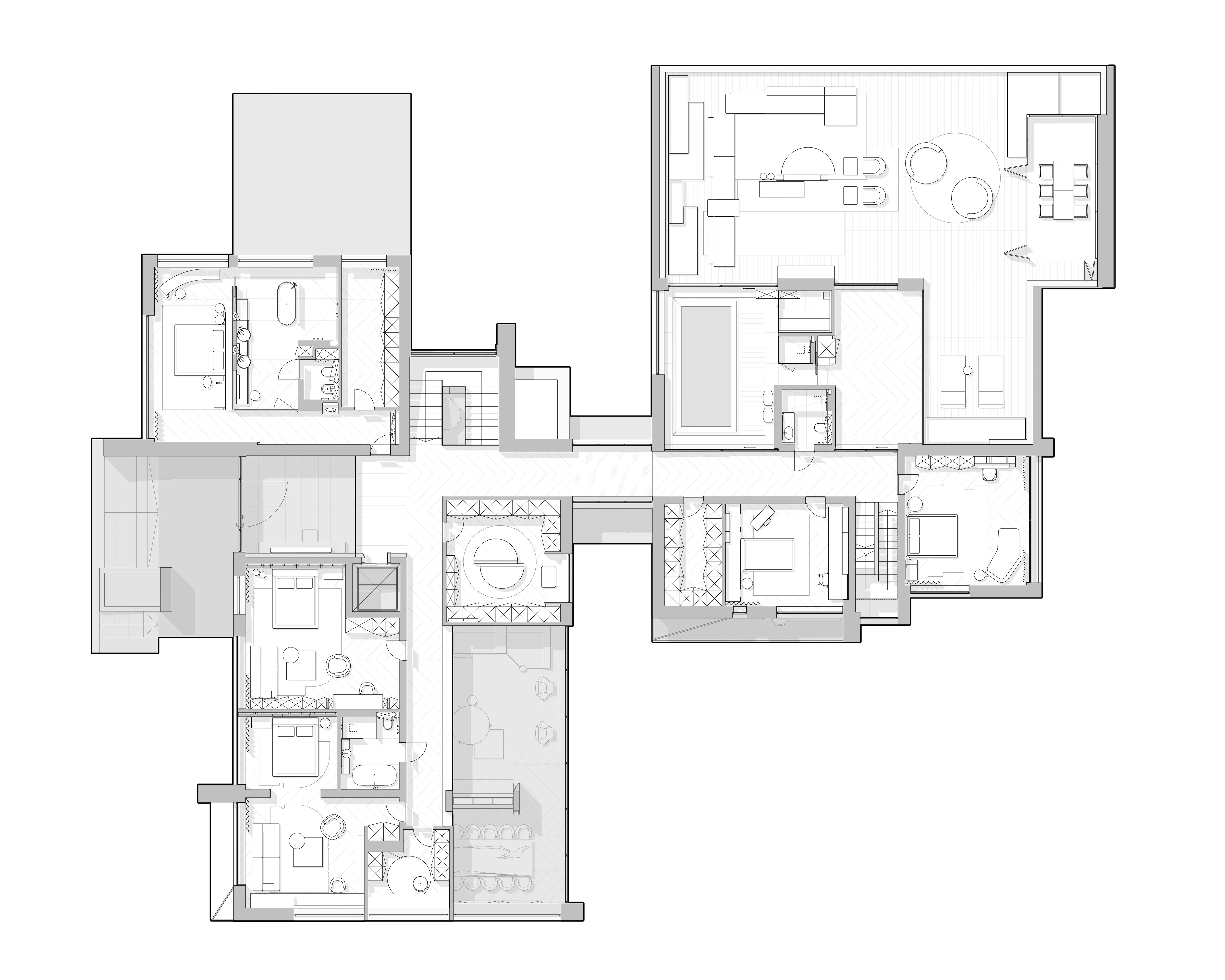 Floor plan showing bedroom suites, pool and living areas, The Grand Atrium Mansion, Poland