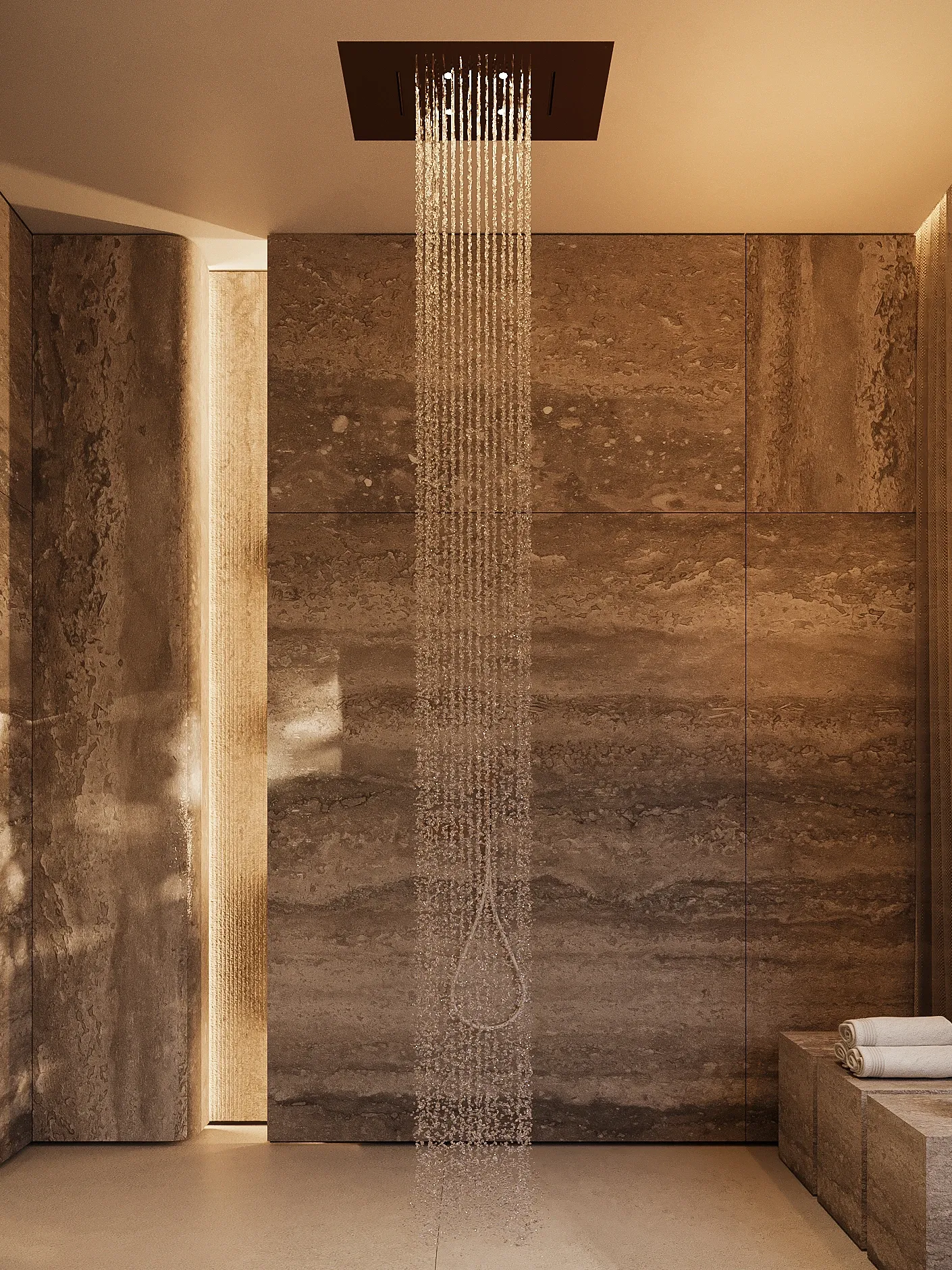 Travertine shower with ceiling rain head and stone bench, The Secret Court, Poland