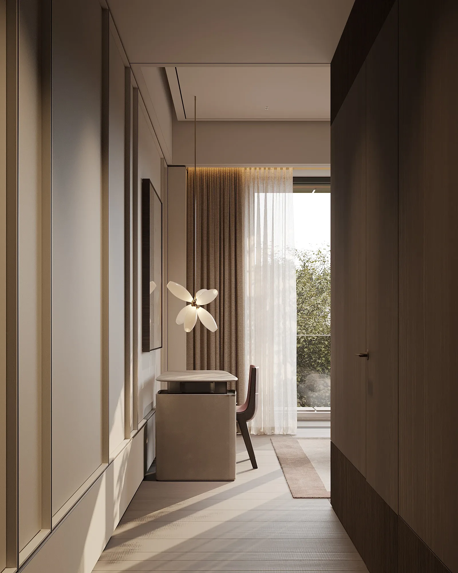 Hallway with wood panelling, sculptural pendant light and sheer curtains, The Horizon Residence, Hong Kong