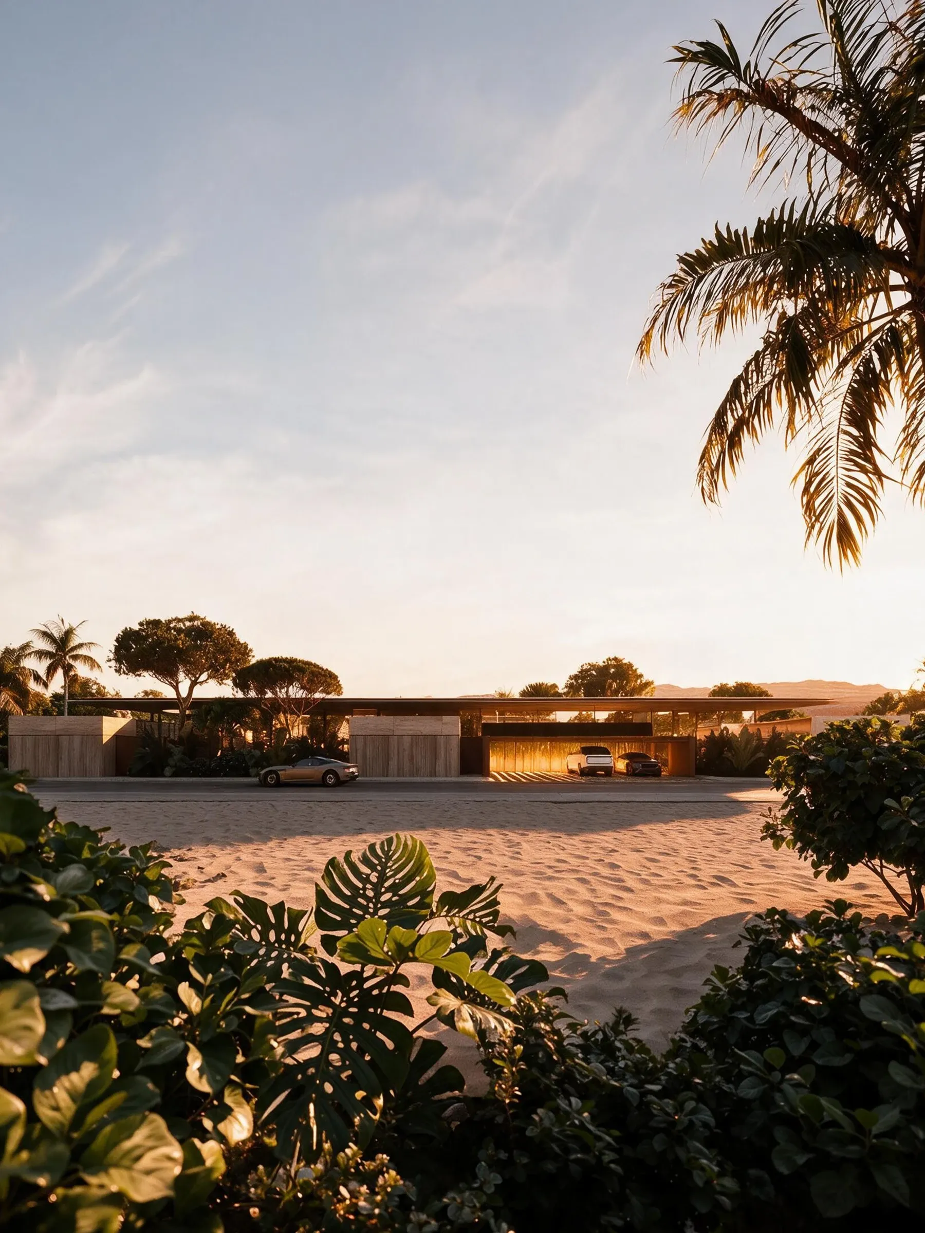 Low travertine pavilion with cantilevered roof framed by palms at dusk, The Desert Pavilion, Riyadh