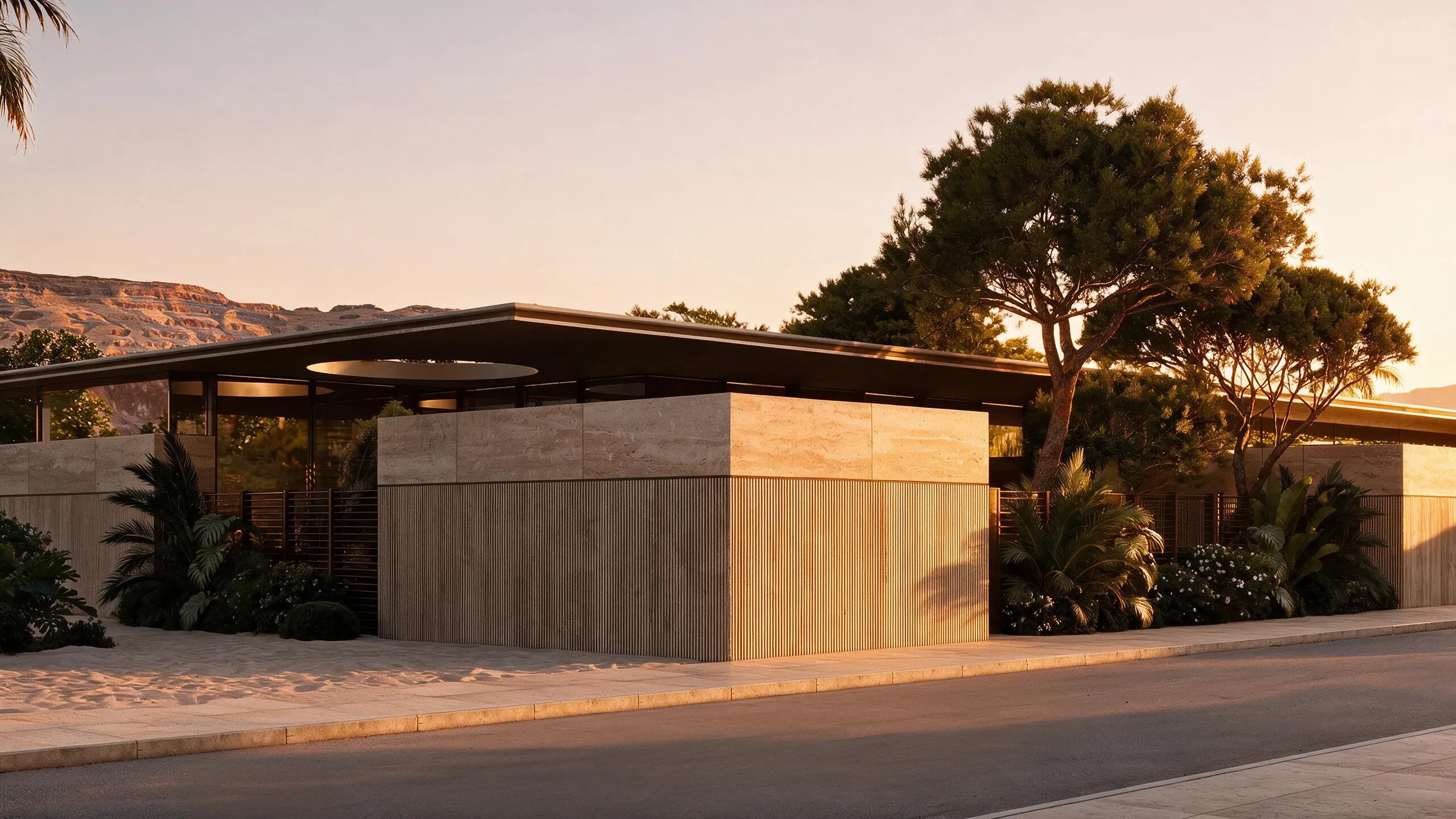 Street facade with travertine cladding and overhanging roof, The Desert Pavilion, Riyadh