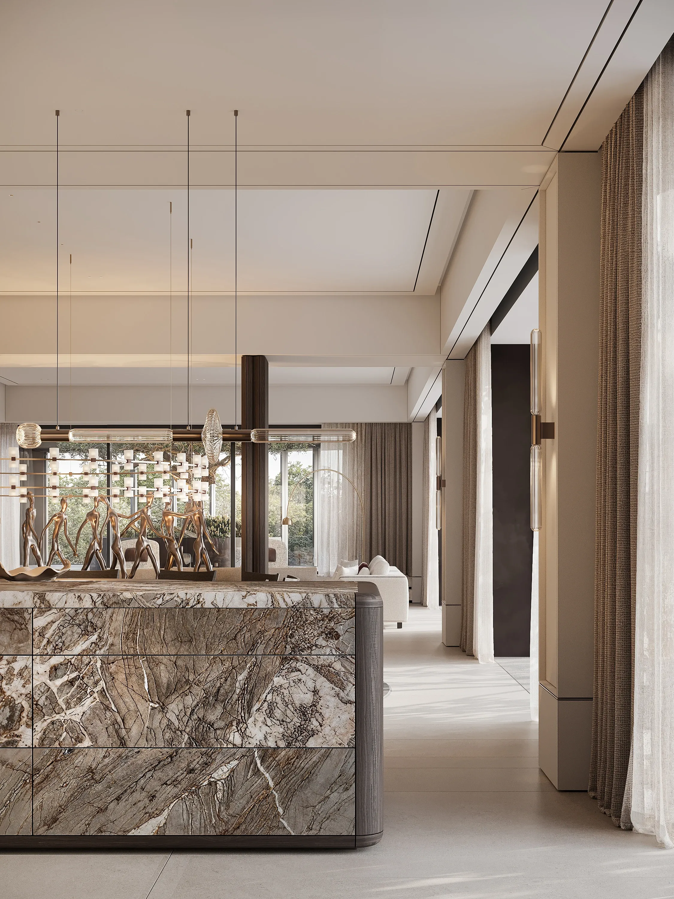 Curved marble kitchen island with pendant lighting and garden view beyond, The Horizon Residence, Hong Kong