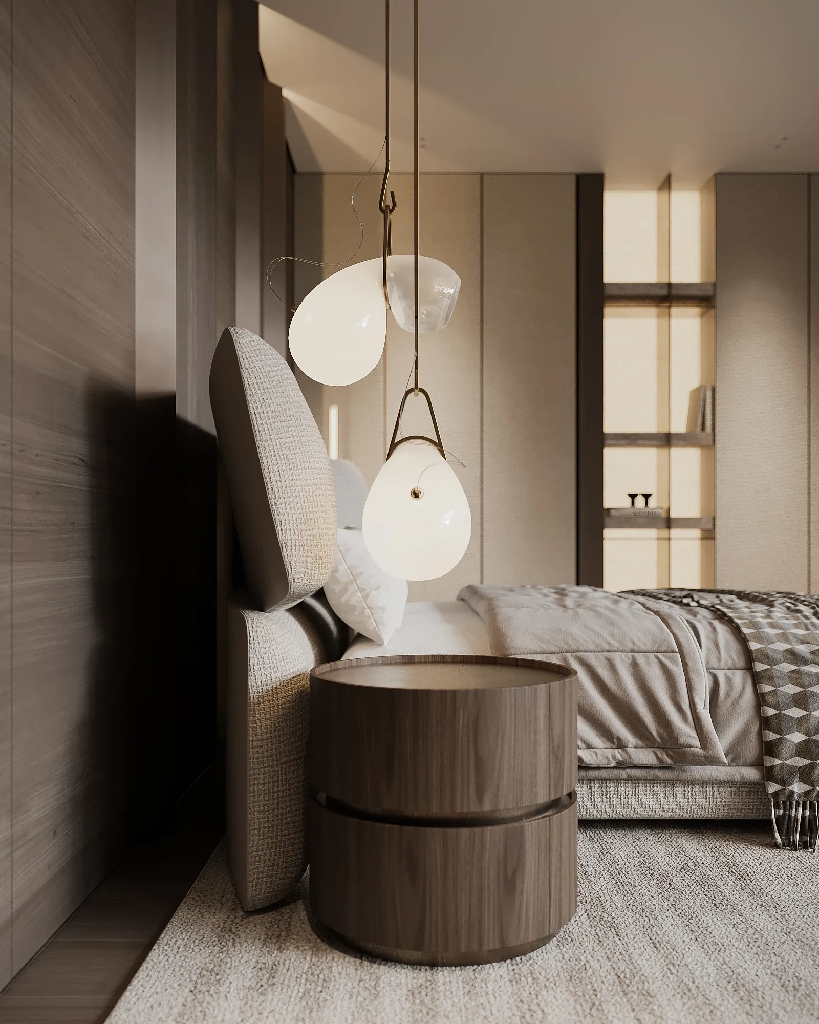Bedroom nightstand with layered pendant lights and wood paneling, The Evergreen Residence, Warsaw