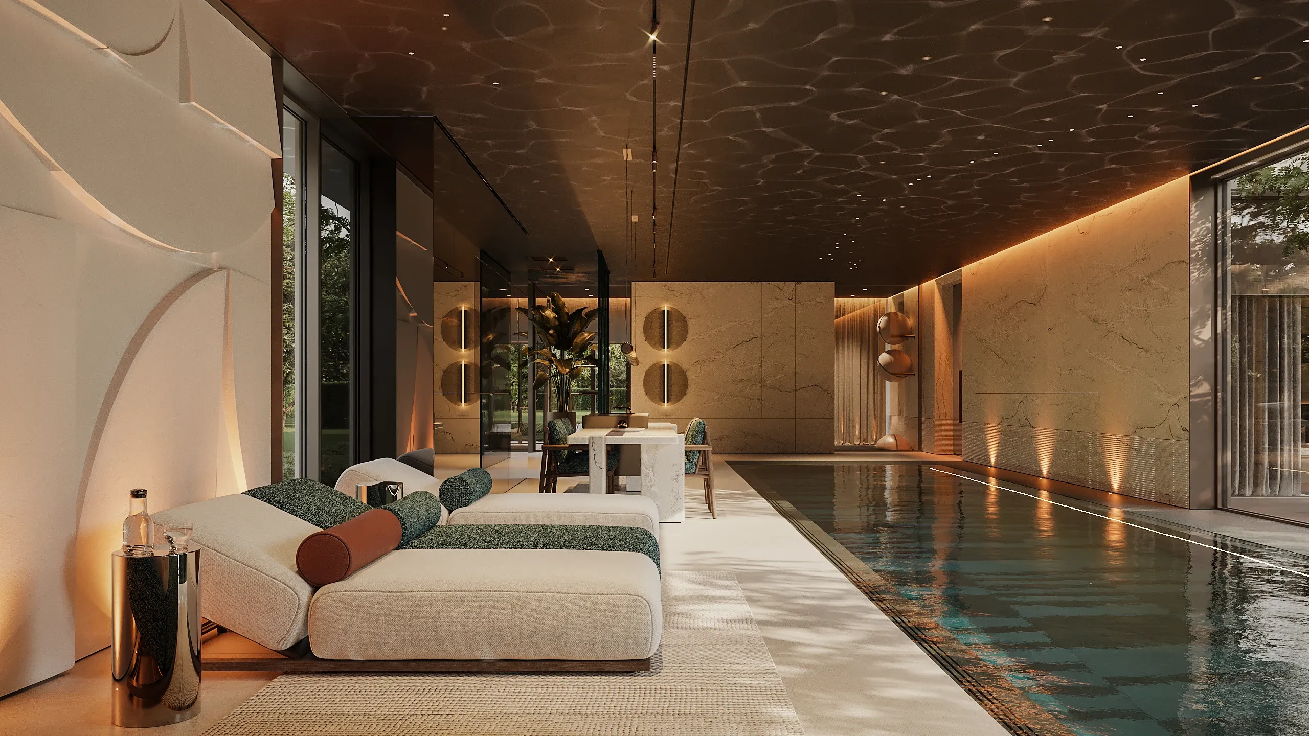 Poolside lounge with daybeds and marble wall at dusk, The Secret Court, Poland