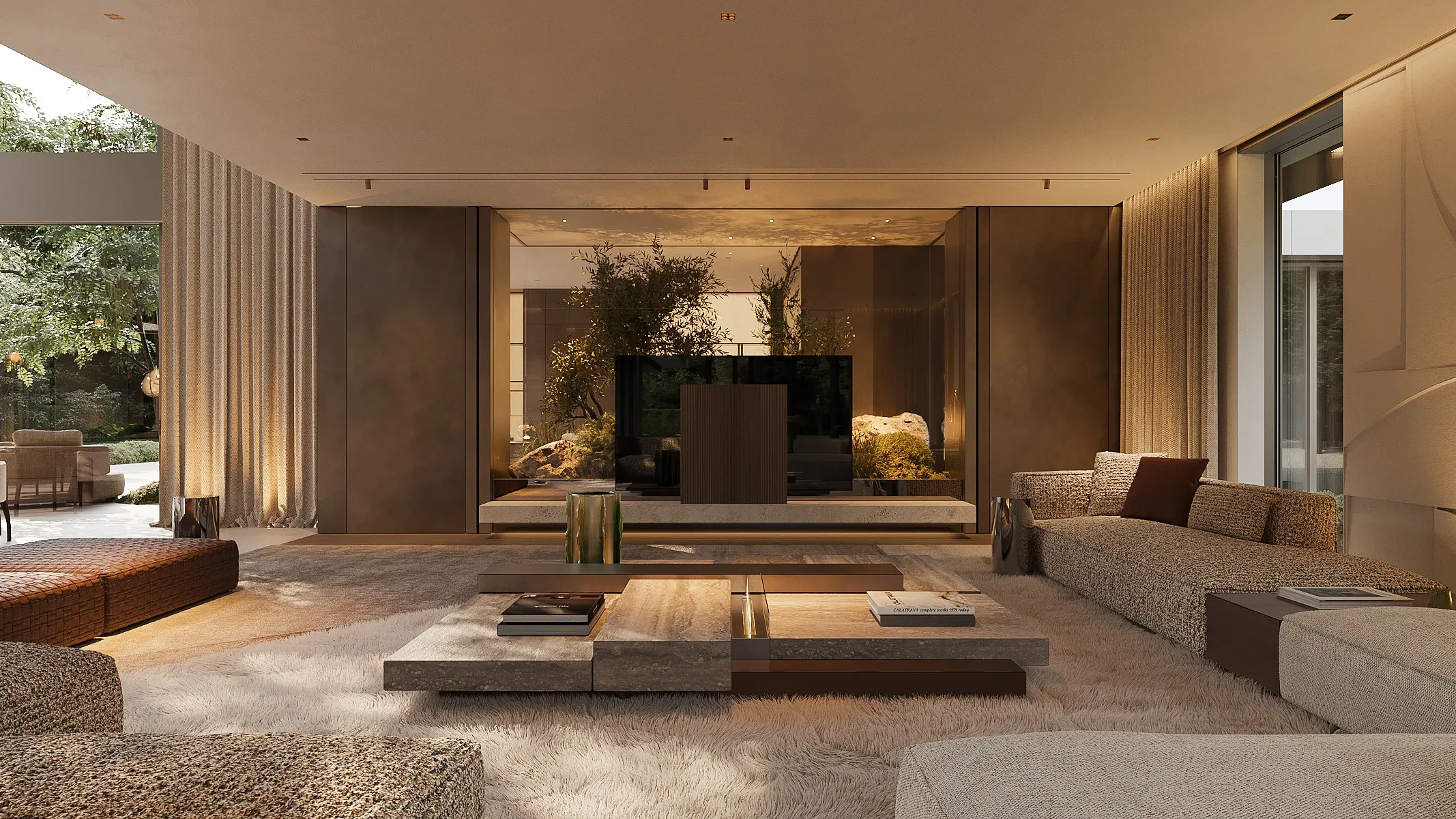 Living room with boucle sofas and TV niche framed by indoor greenery, The Secret Court, Poland