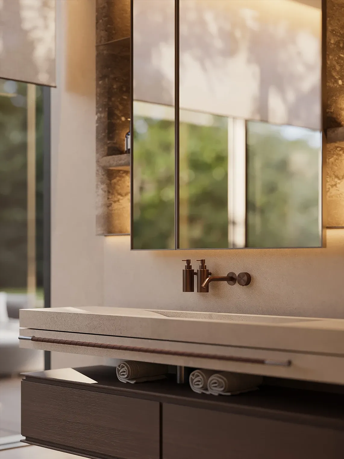 Stone vanity with bronze fixtures and mirrored cabinet, The Secret Court, Poland