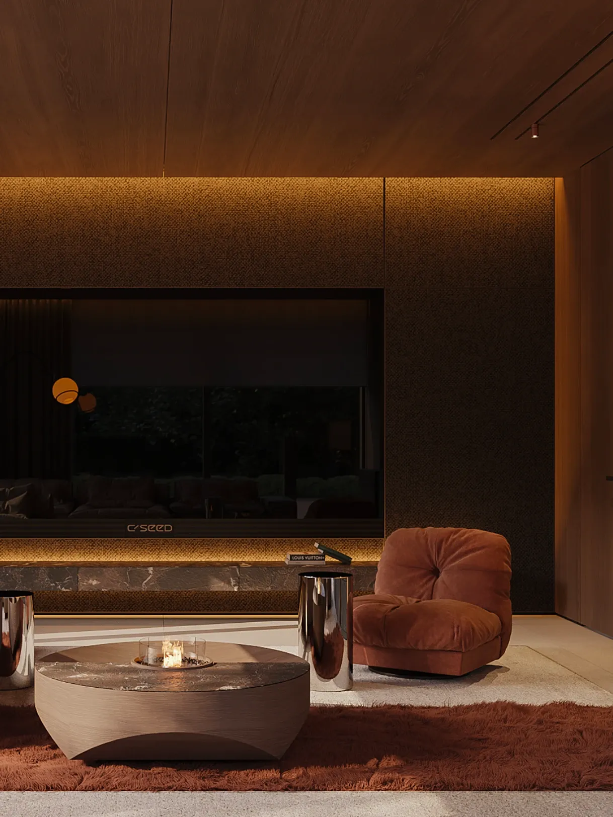 Evening living room with marble wall, fire bowl table and velvet armchair, The Secret Court, Poland