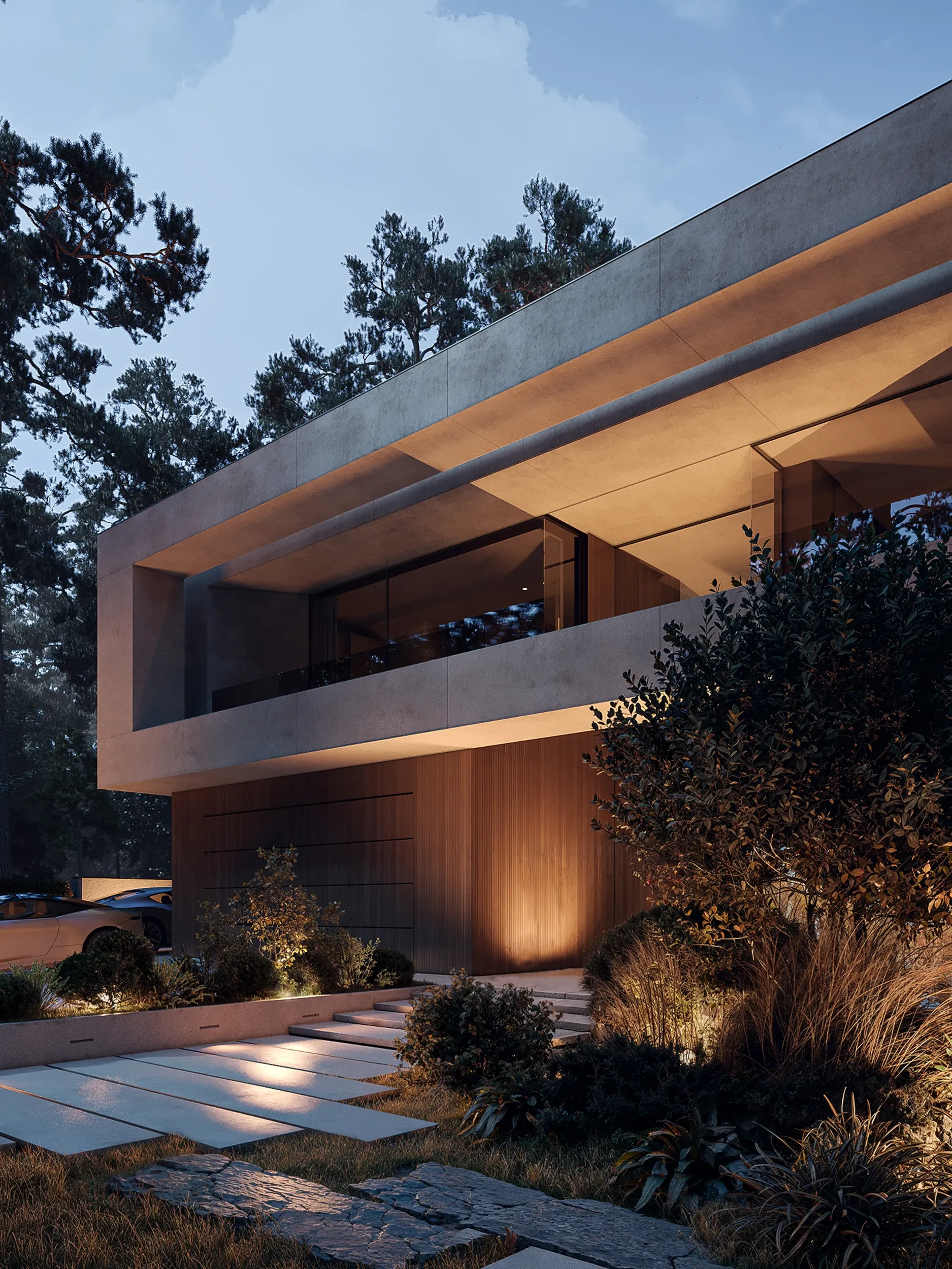 Cantilevered concrete villa facade at dusk among pines, The Evergreen Residence, Warsaw