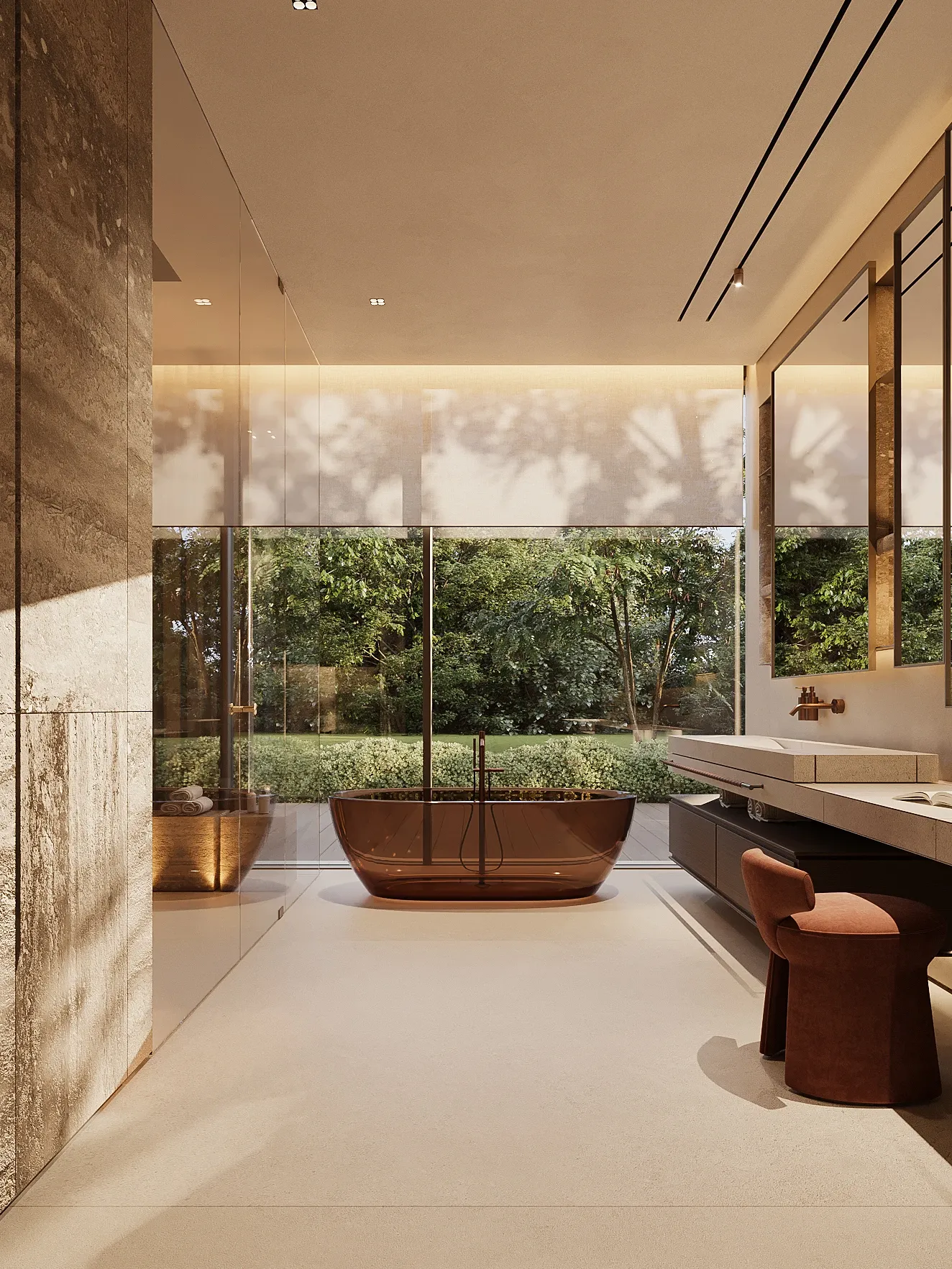 Bathroom with bronze freestanding tub facing garden view, The Secret Court, Poland