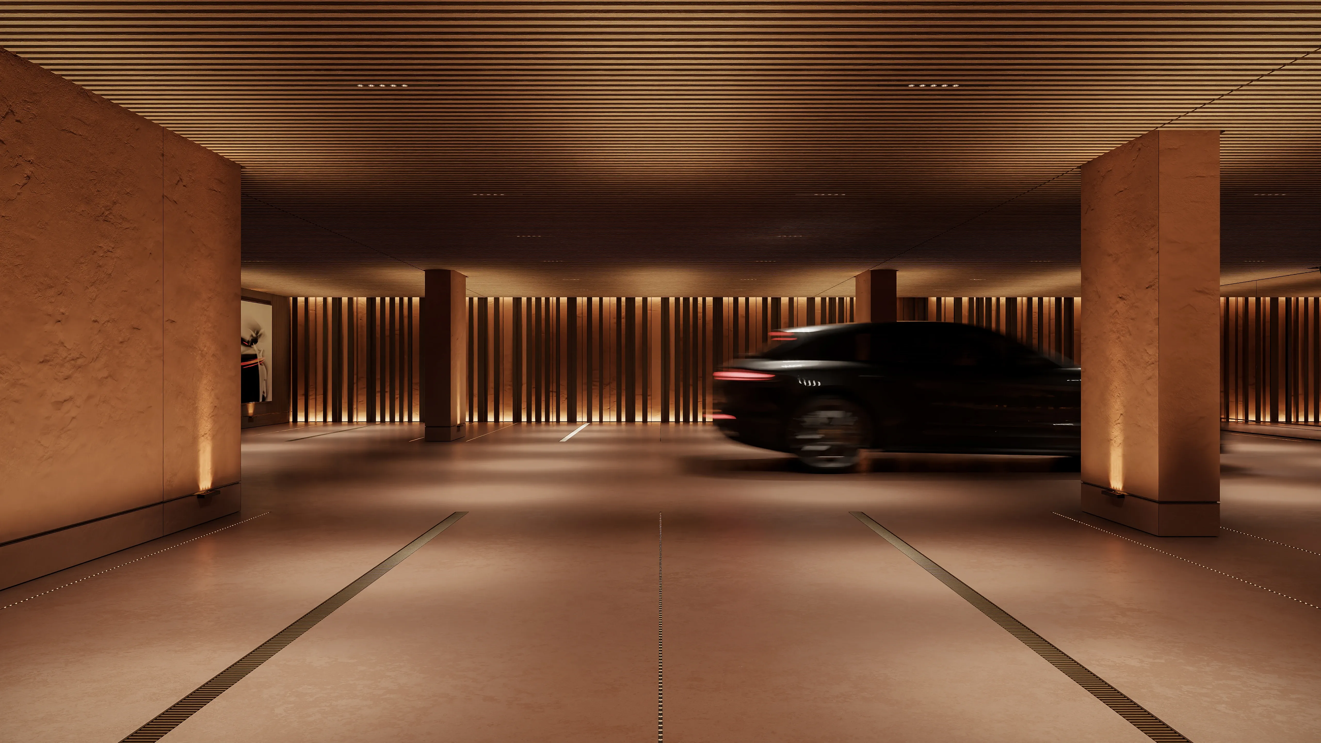 Underground garage with ribbed wood ceiling and car in motion, The Secret Court, Poland