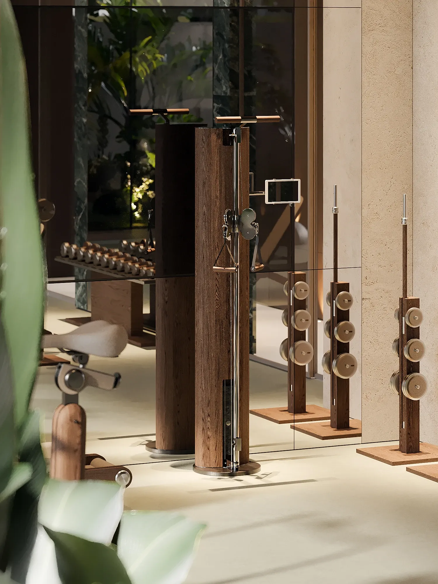 Private gym with wooden weight stands and mirrored walls, The Lagoon Residents' Club, Dubai