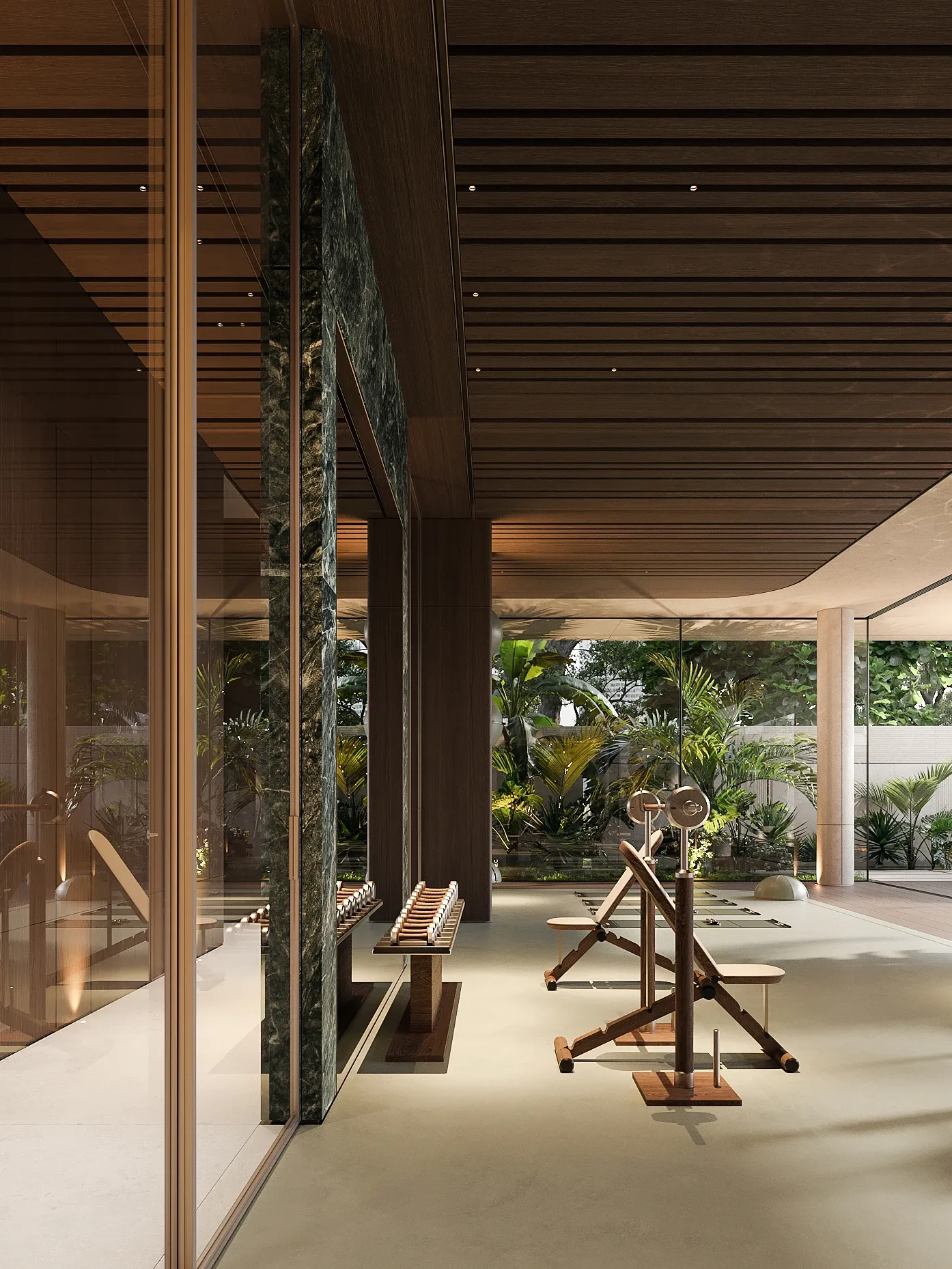 Fitness area with green marble column and wooden bench beside glass walls, The Lagoon, Dubai