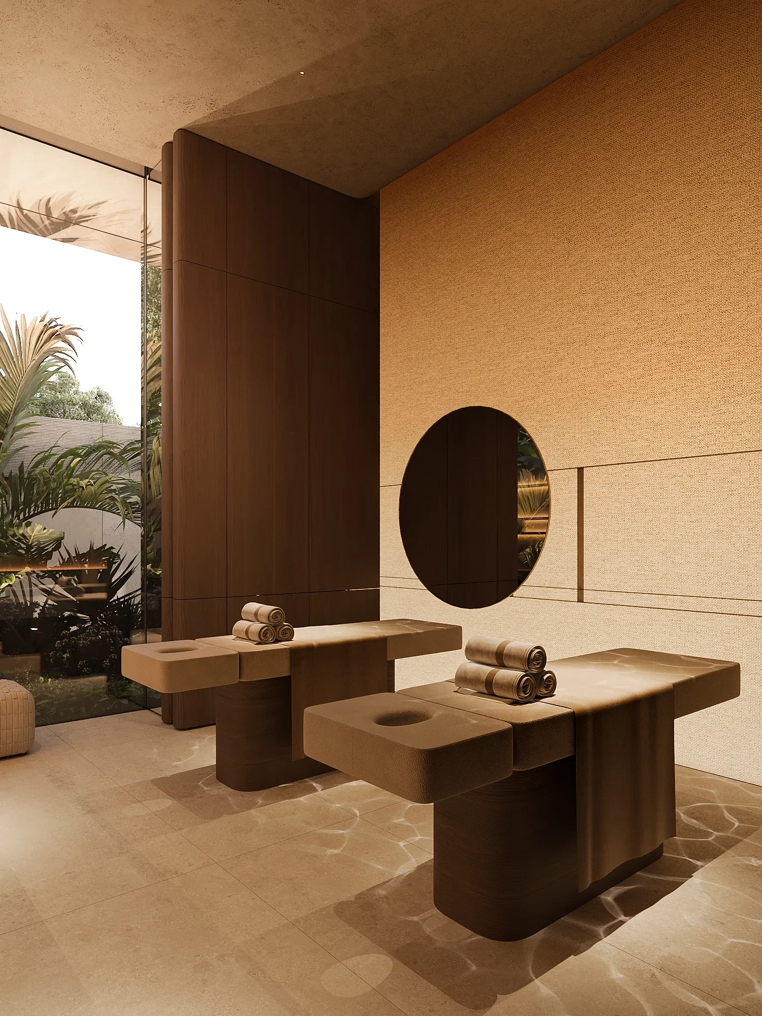 Spa treatment room with dark wood massage tables and courtyard view, The Lagoon Residents' Club, Dubai