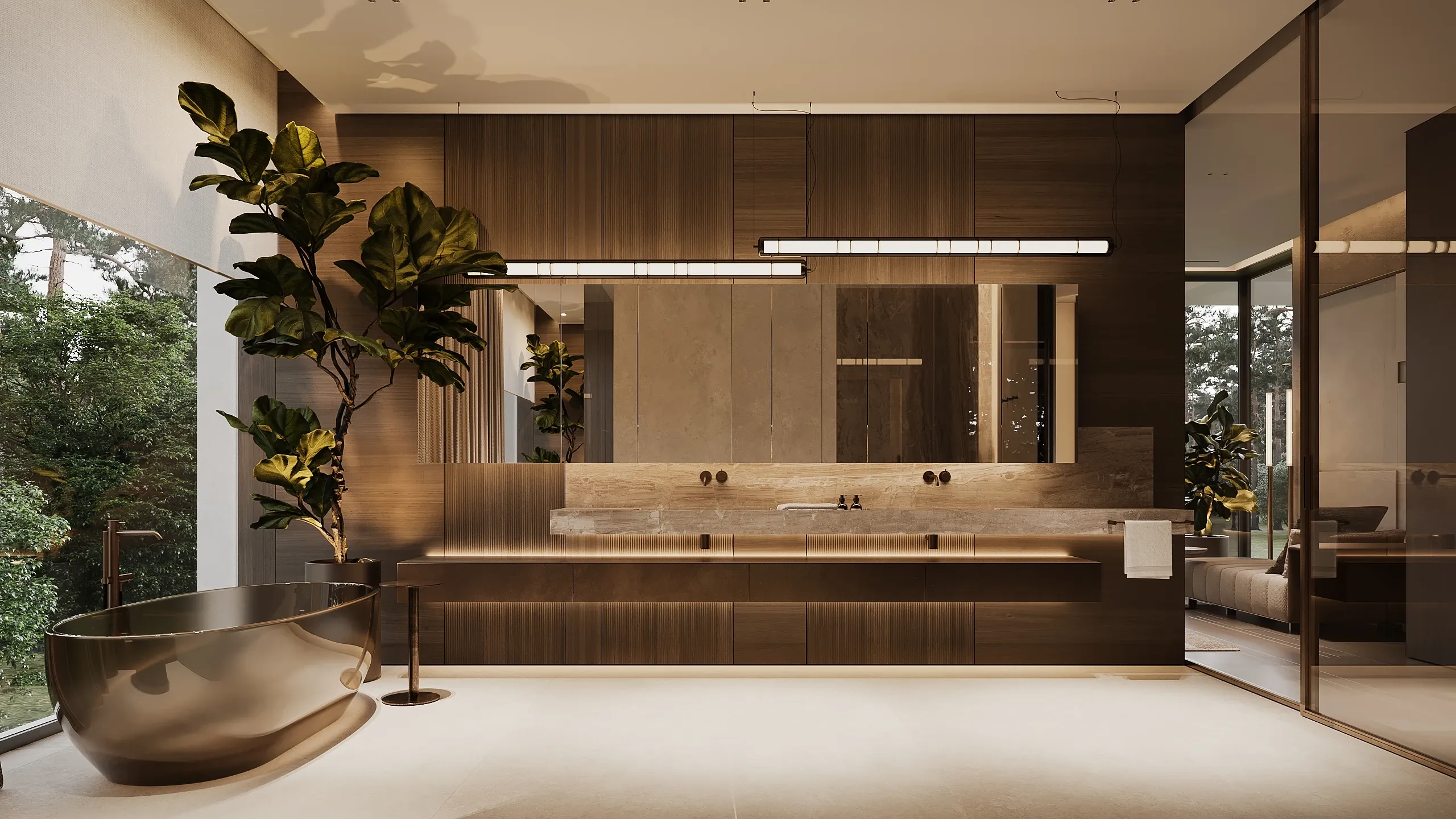 Freestanding bronze tub and backlit vanity mirror in forest-facing bathroom, The Evergreen Residence, Warsaw