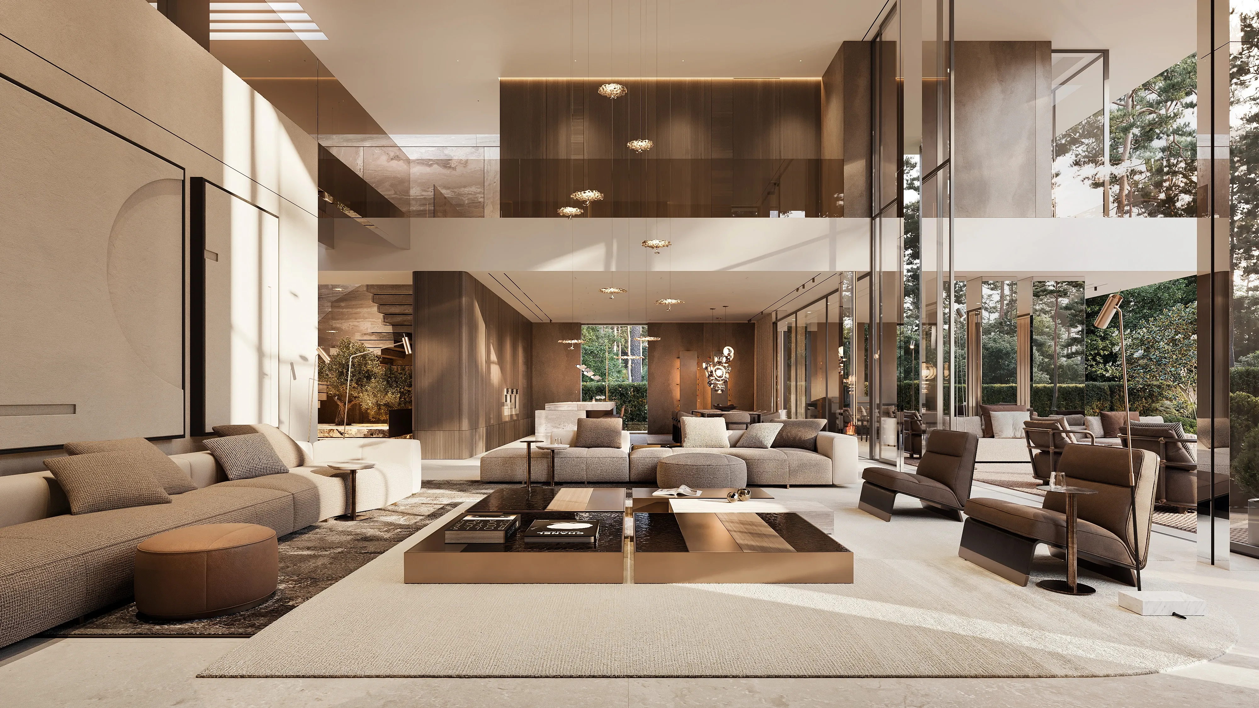 Double-height living room with bronze coffee tables and forest view, The Evergreen Residence, Warsaw