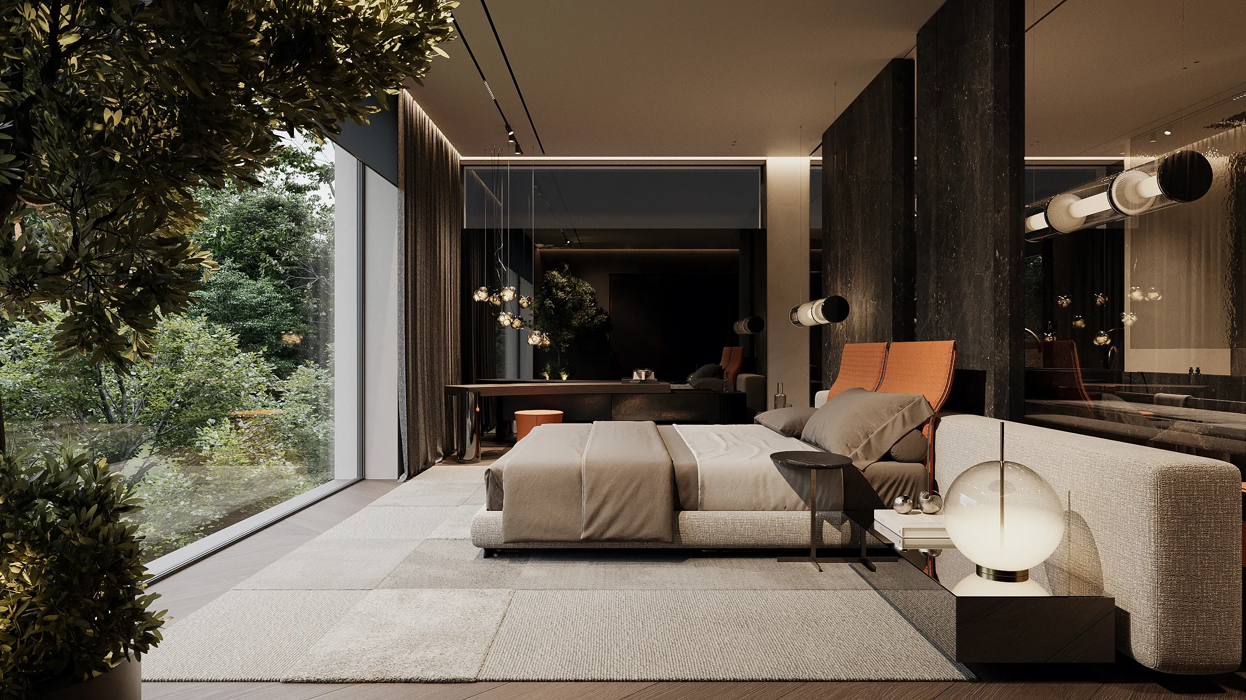 Suite with floor-to-ceiling window onto trees and orange lounge chair, The Grand Atrium Mansion, Poland
