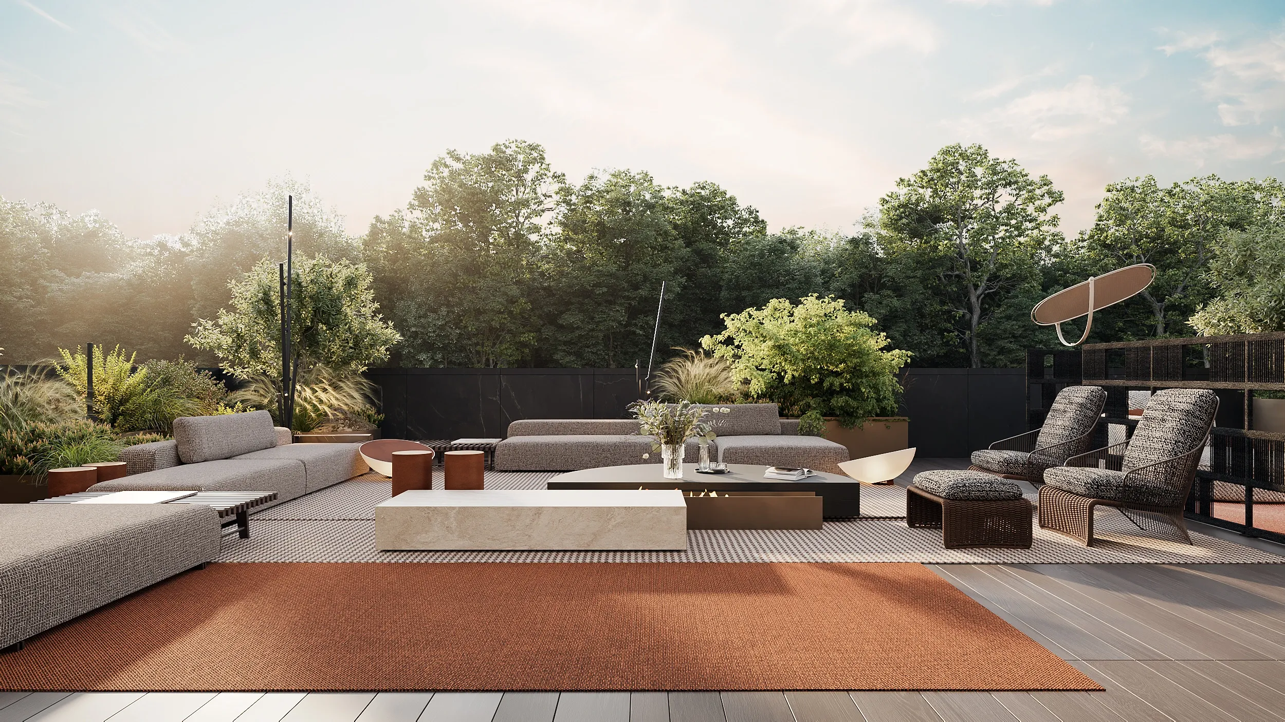 Rooftop terrace lounge with stone table and rattan chairs, The Grand Atrium Mansion, Poland