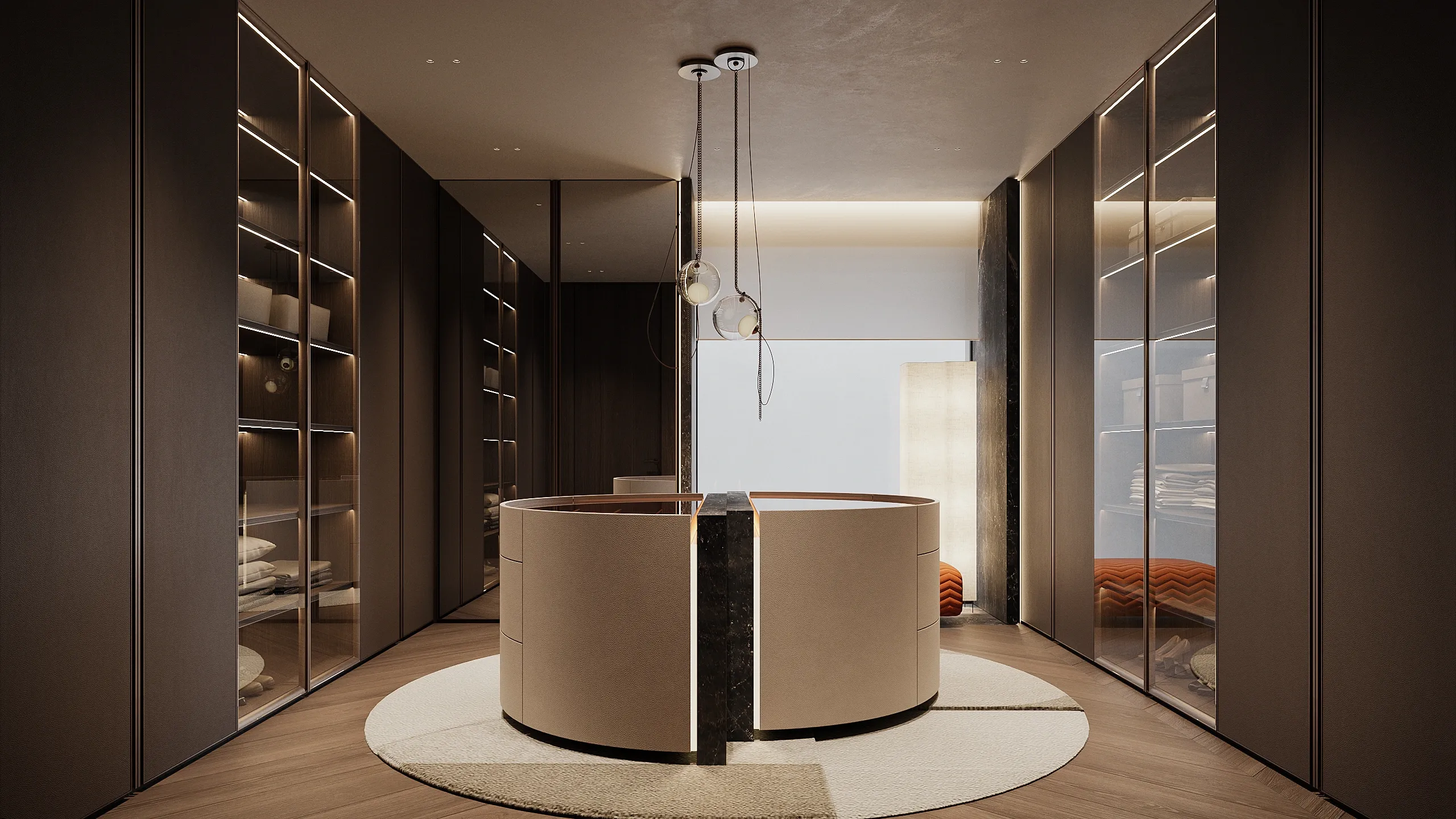Walk-in closet with dark wood wardrobes and round leather island unit, The Grand Atrium Mansion, Poland