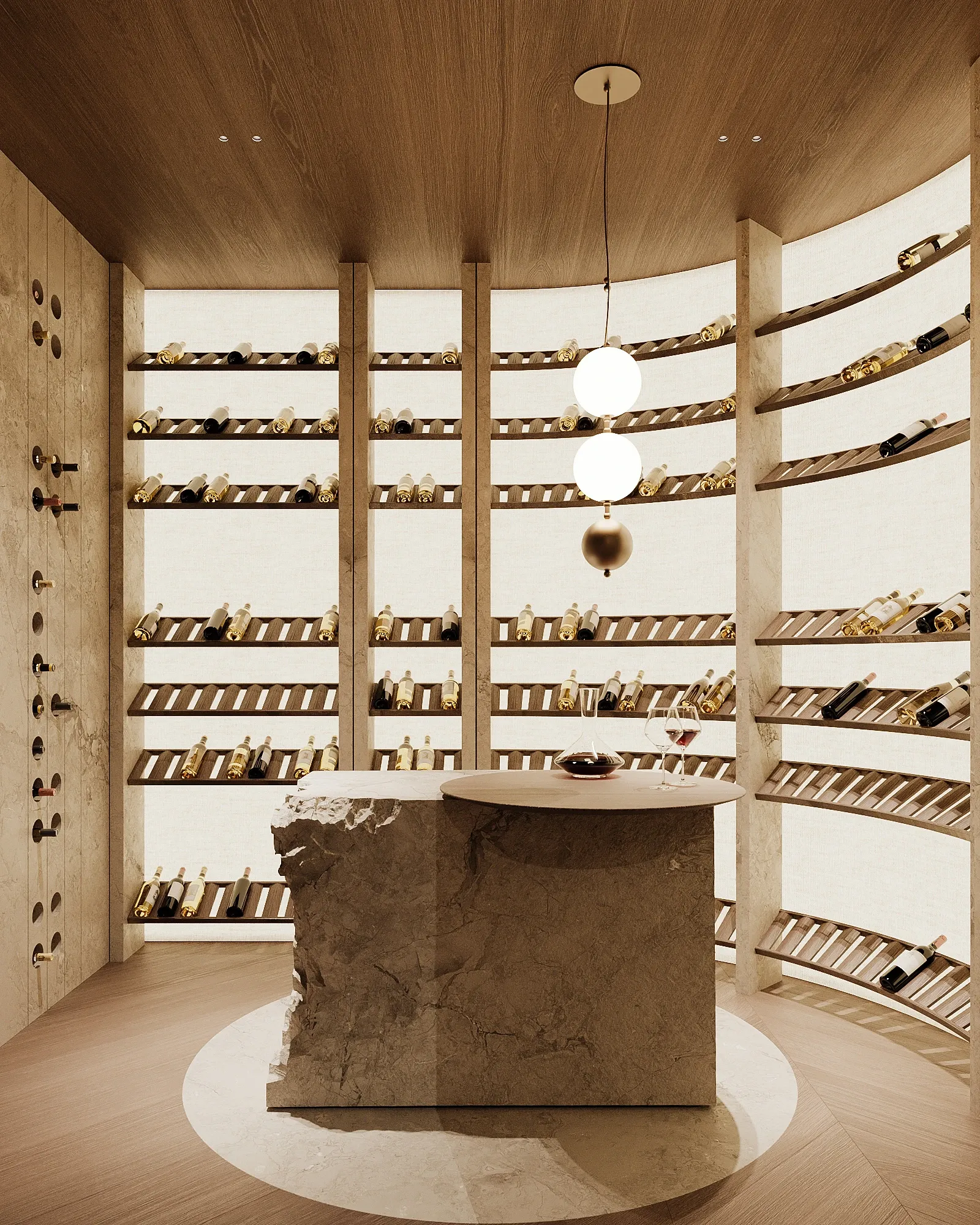 Wine cellar interior with rock-form table and globe pendant light, The Grand Atrium Mansion, Poland