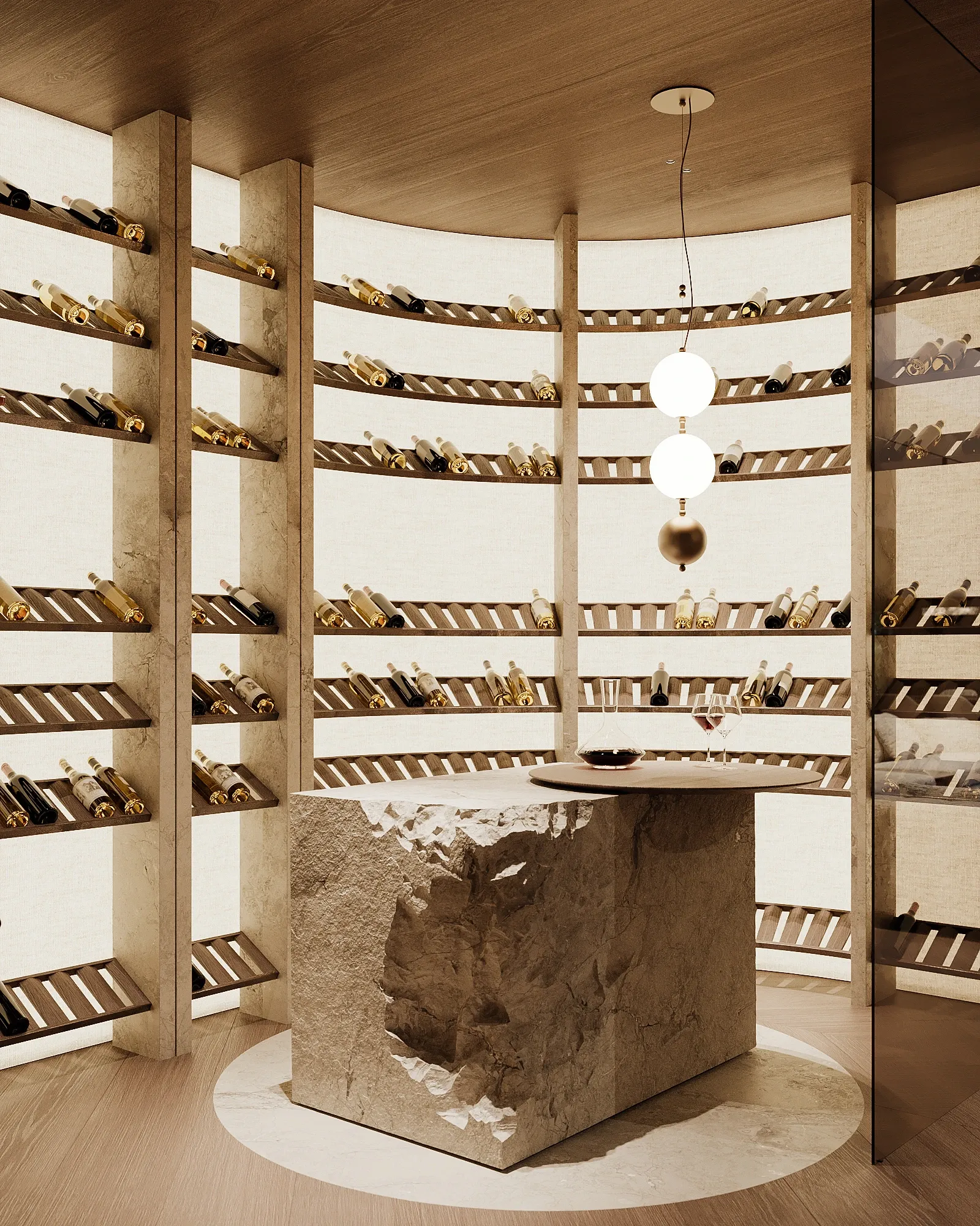 Curved wine cellar with stone tasting table and bottle shelving, The Grand Atrium Mansion, Poland