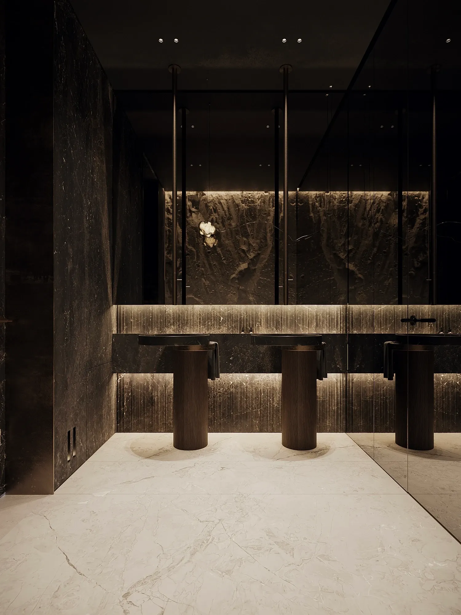 Club zone bathroom with wood pedestal sinks and dark marble walls, The Grand Atrium Mansion, Poland