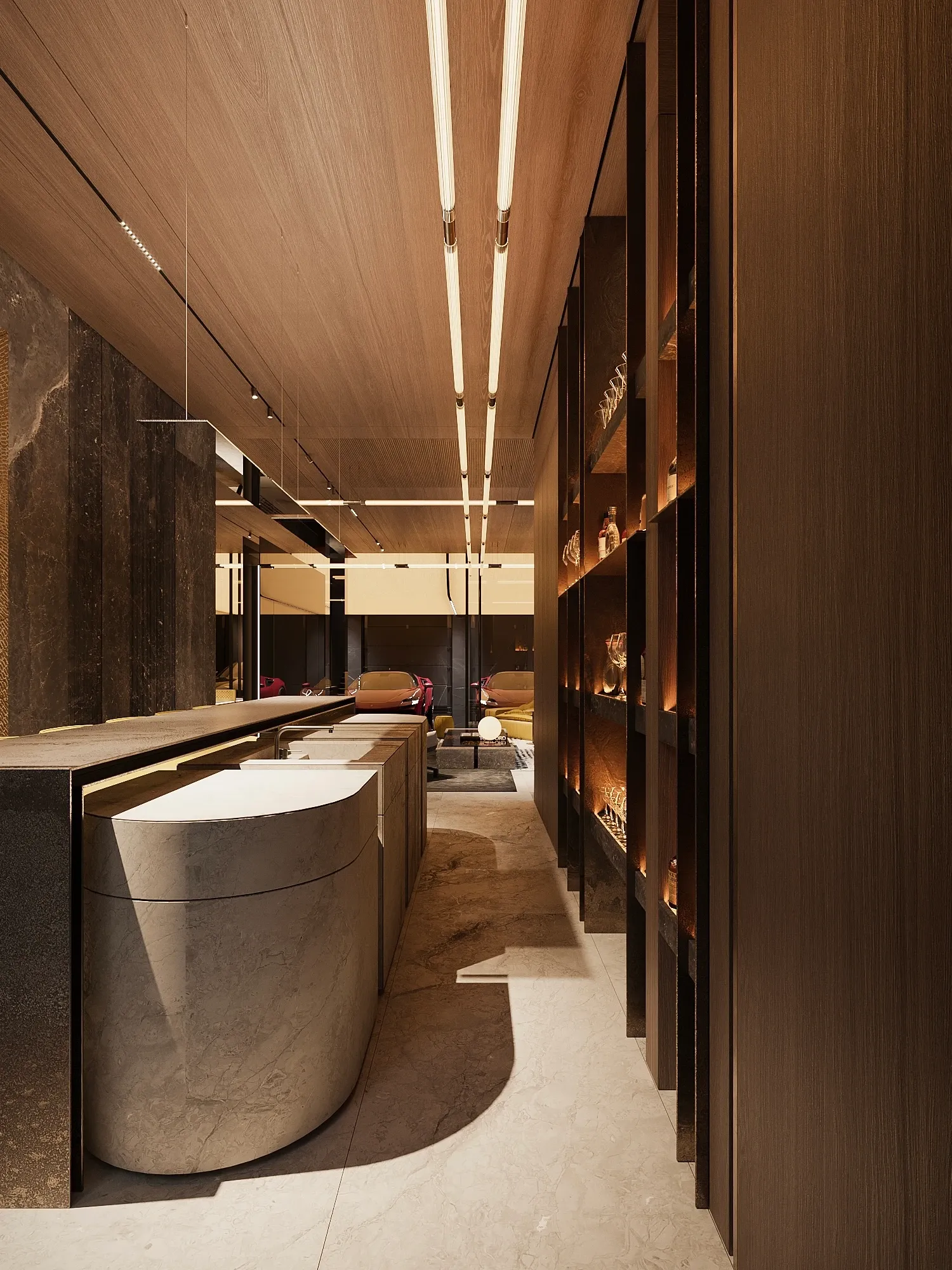 Display corridor with stone counter and backlit shelves for collections, The Grand Atrium Mansion, Poland