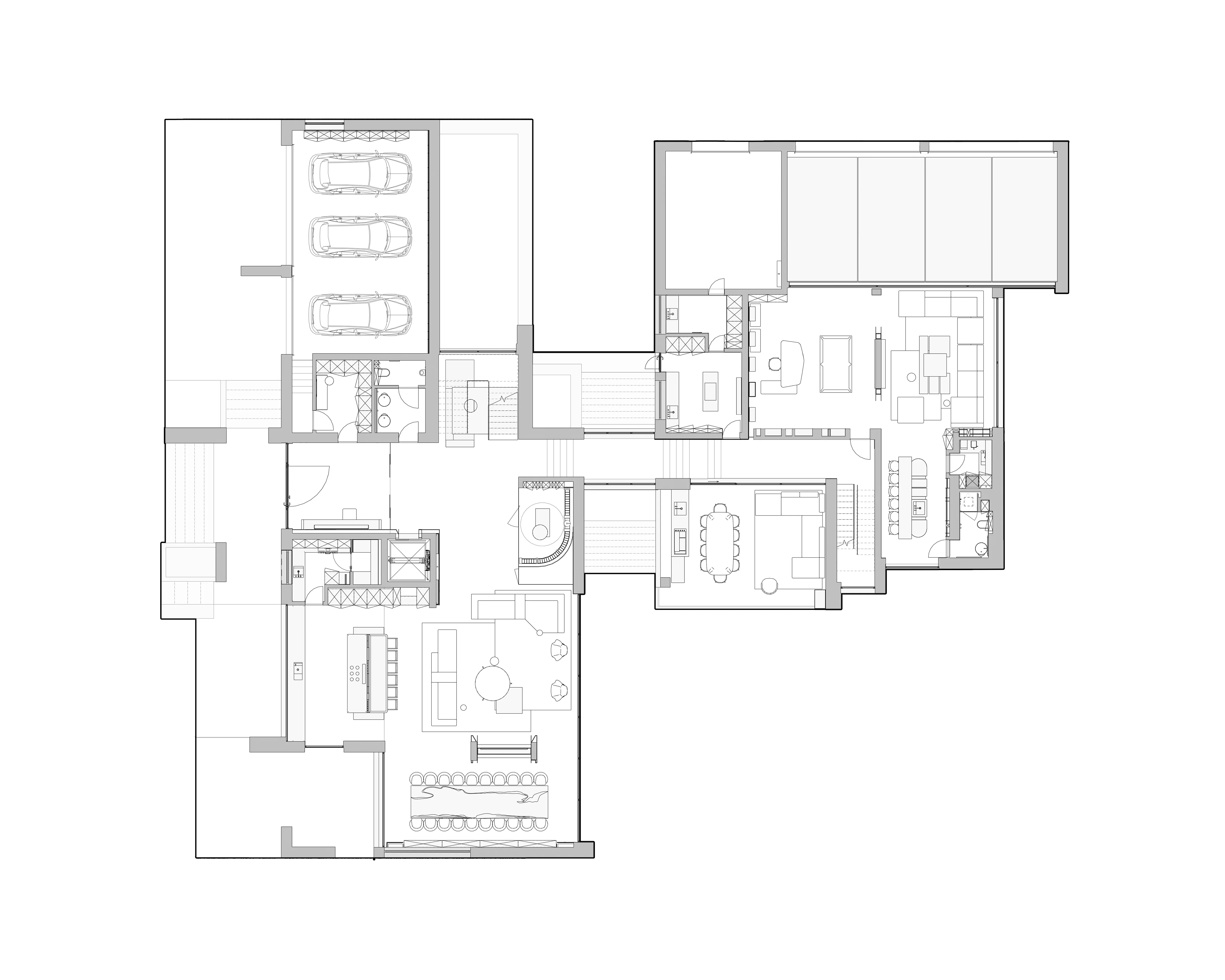 Ground floor plan with garage, kitchen, dining and living zones, The Grand Atrium Mansion, Poland