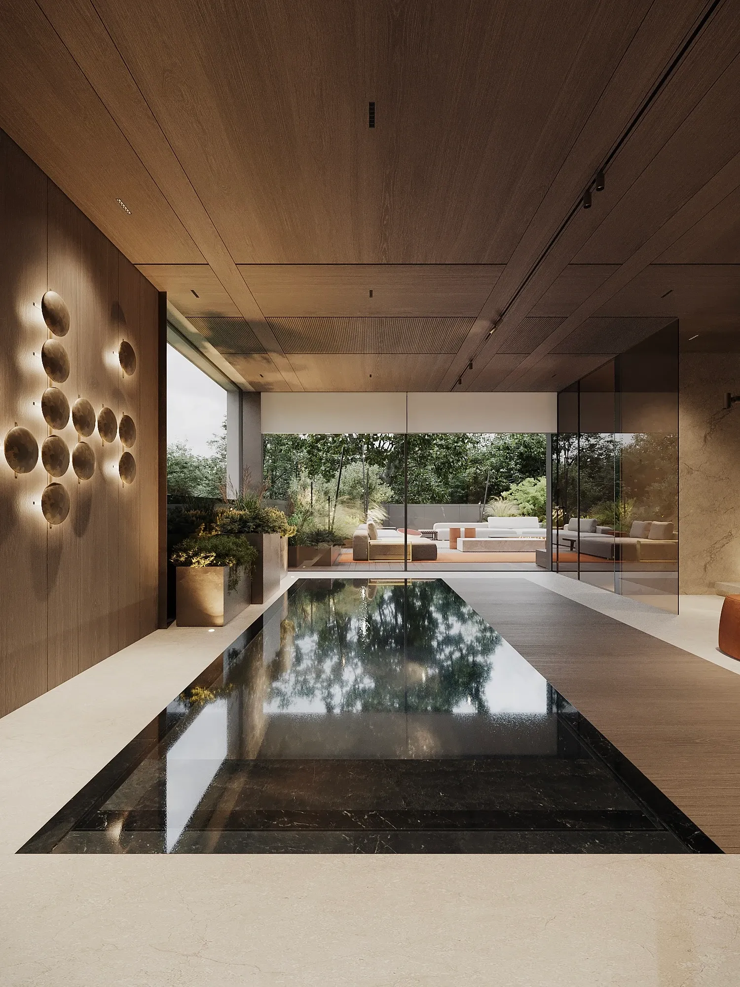 Indoor reflecting pool with wood ceiling opening to garden terrace, The Grand Atrium Mansion, Poland
