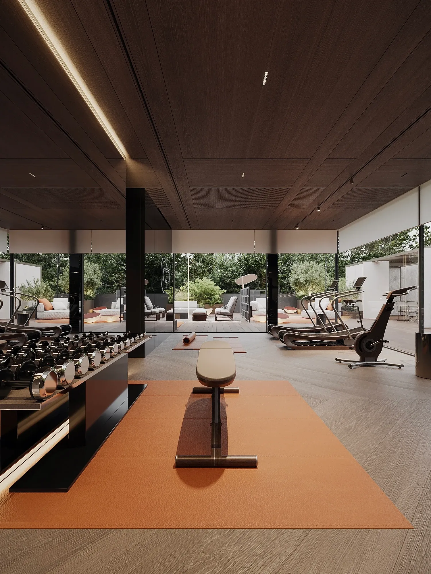 Home gym with treadmills and wood ceiling overlooking garden terrace, The Grand Atrium Mansion, Poland