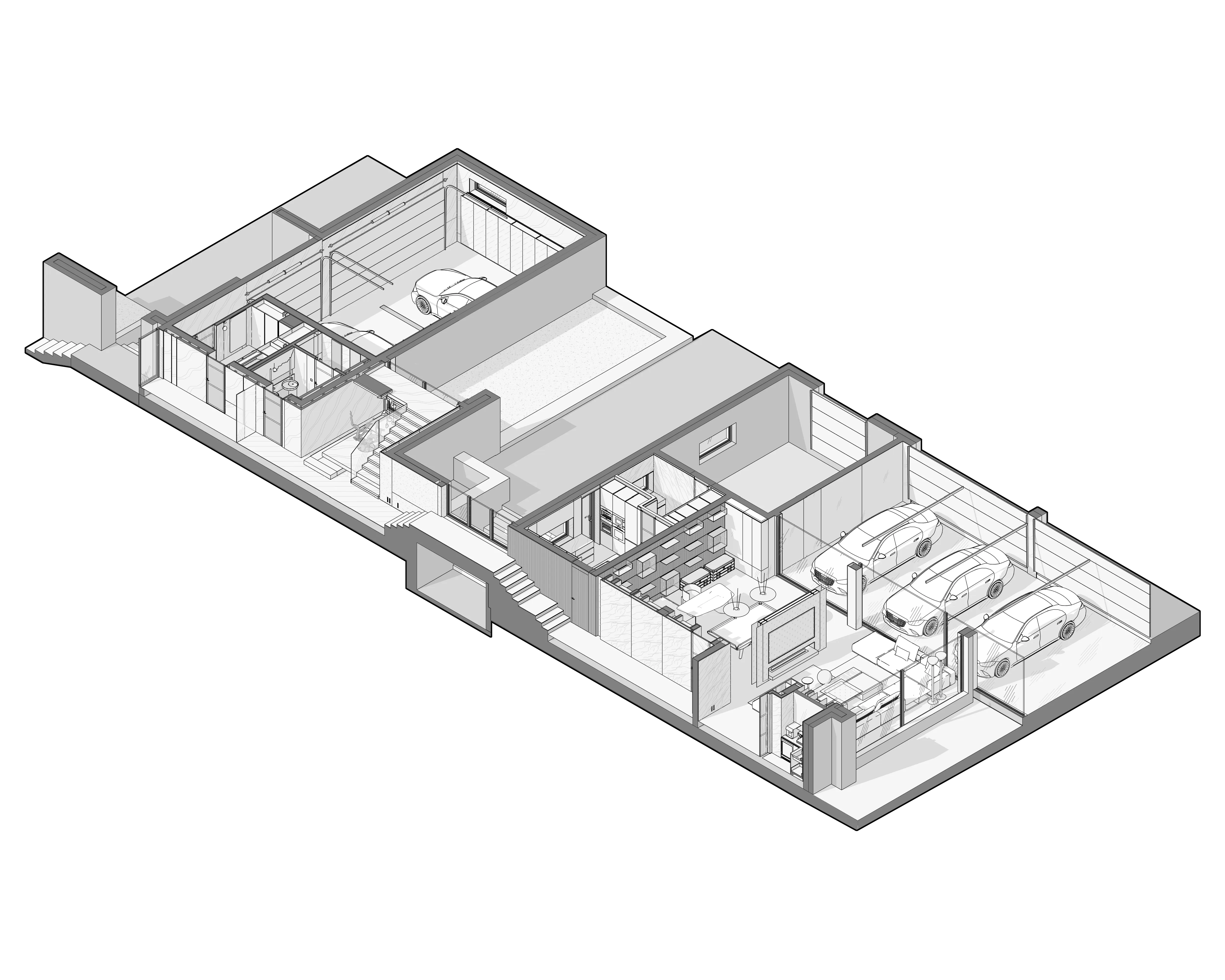 Axonometric drawing of basement garage and storage level, The Grand Atrium Mansion, Poland
