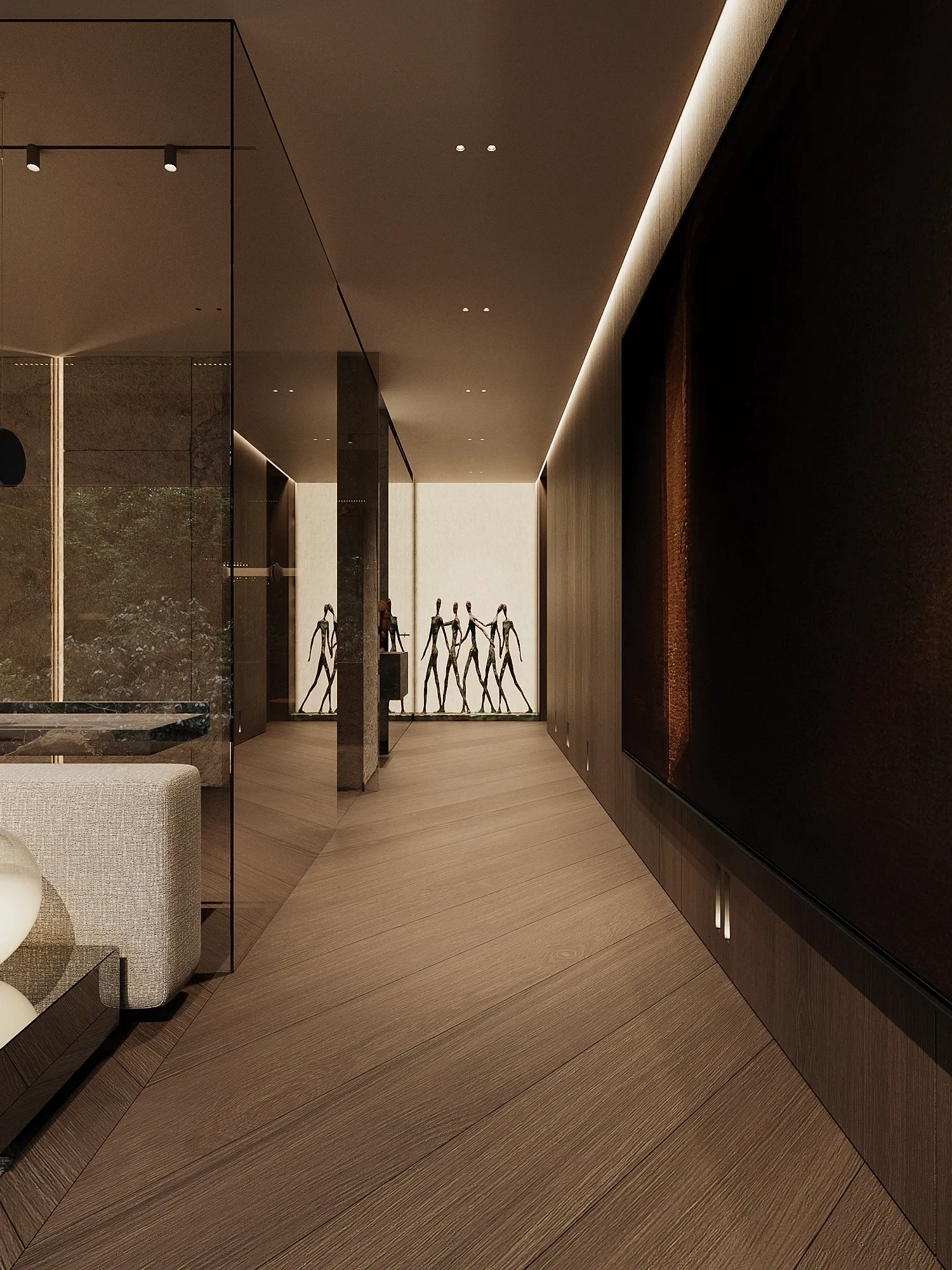 Corridor with herringbone wood floor, mirrored wall and sculptural art display, The Grand Atrium Mansion, Poland